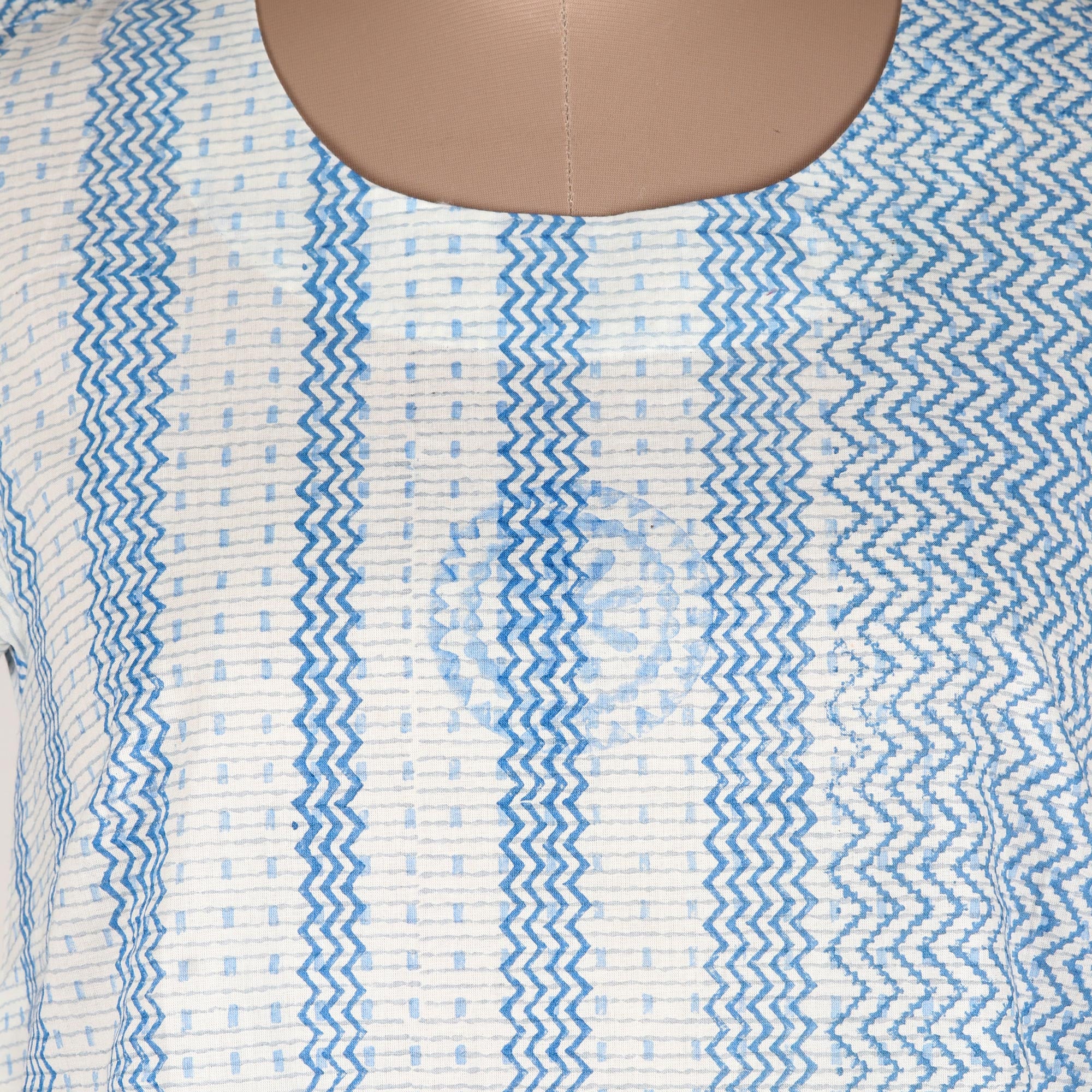 Waves of Blue Block Printed White Cotton Top with Light Blue Stripe Detail