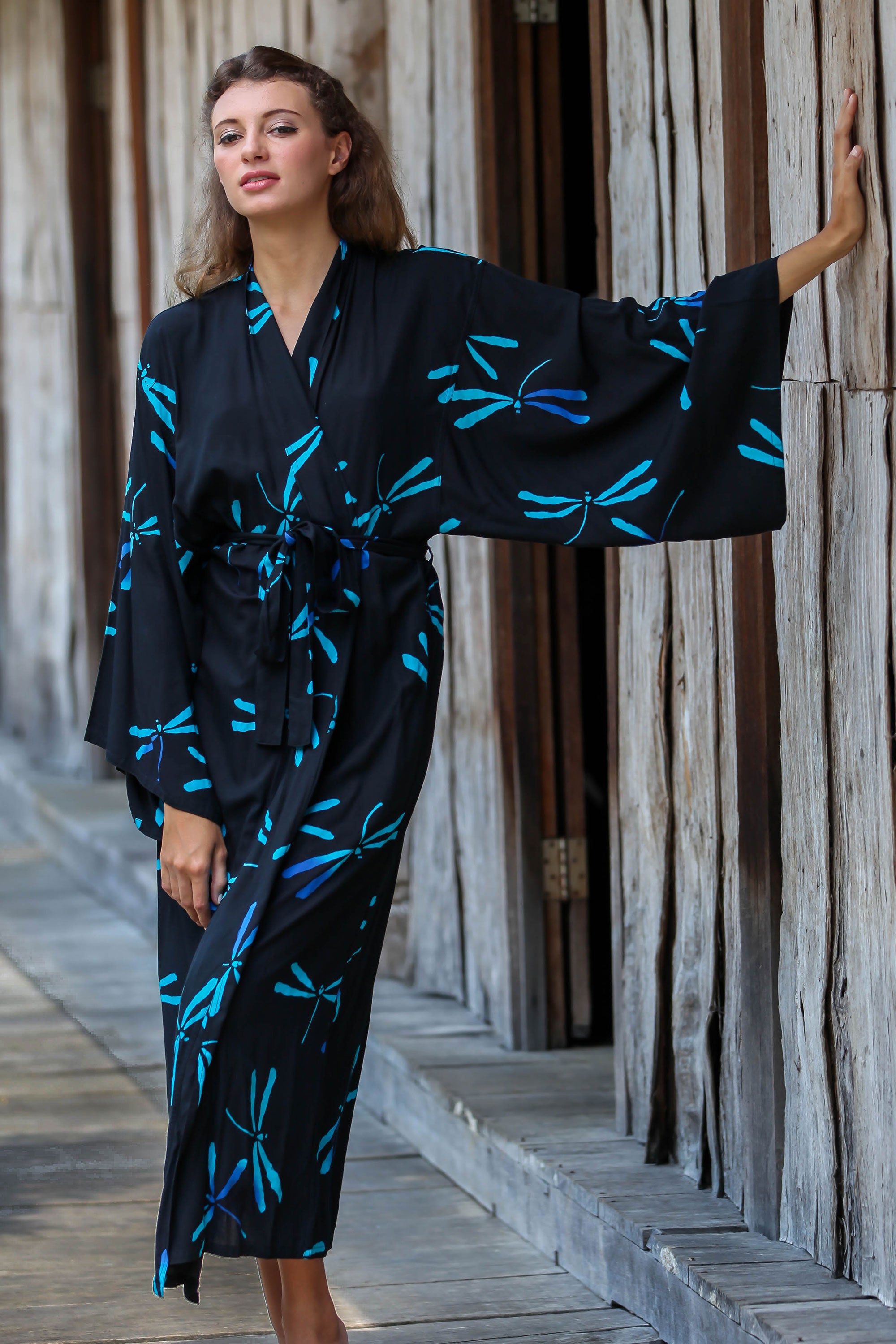 Night Dragonflies Handcrafted Black Batik Robe with Dragonflies from Bali