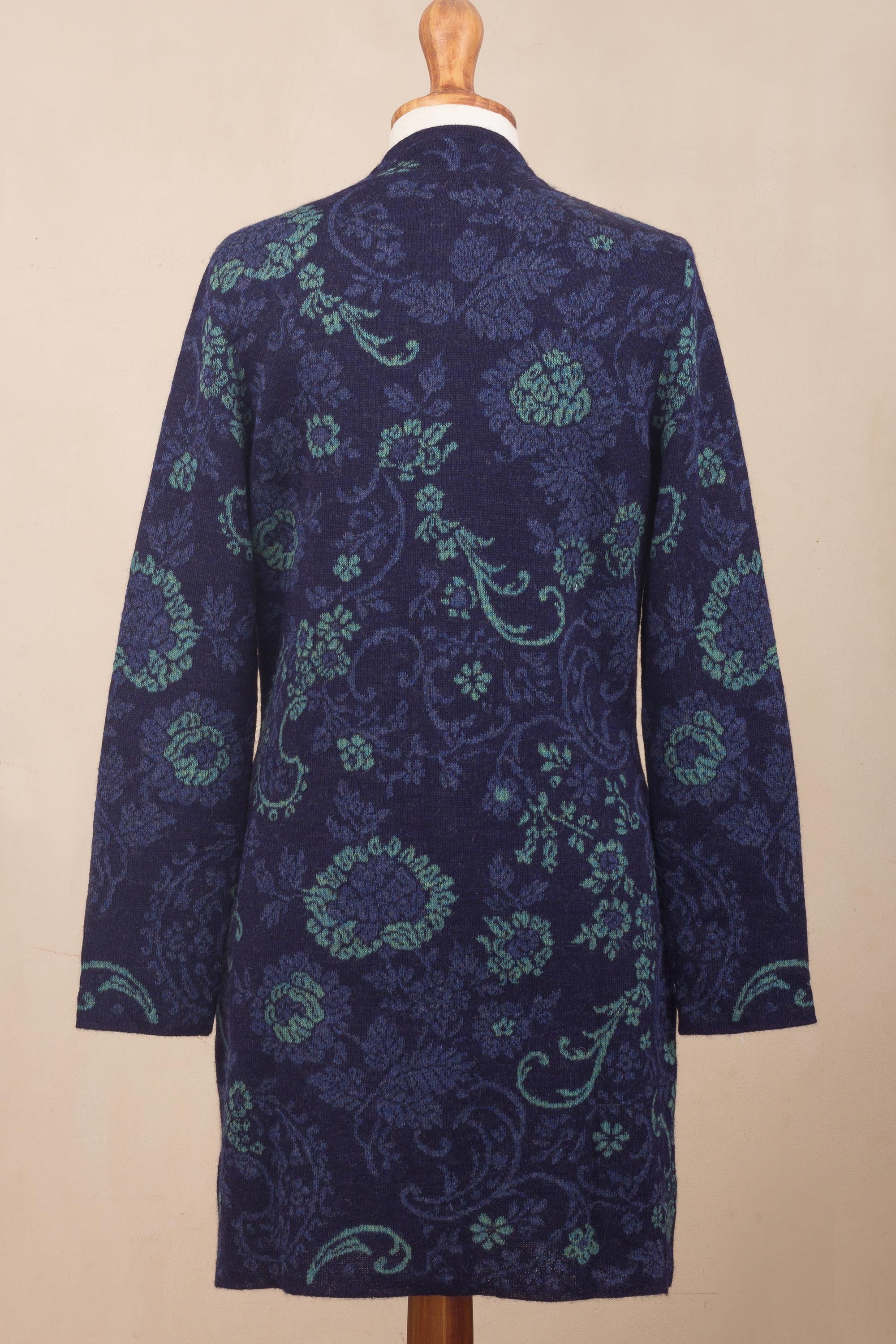 Blue Dream Garden Blue Floral Jacquard Knit Alpaca Cardigan