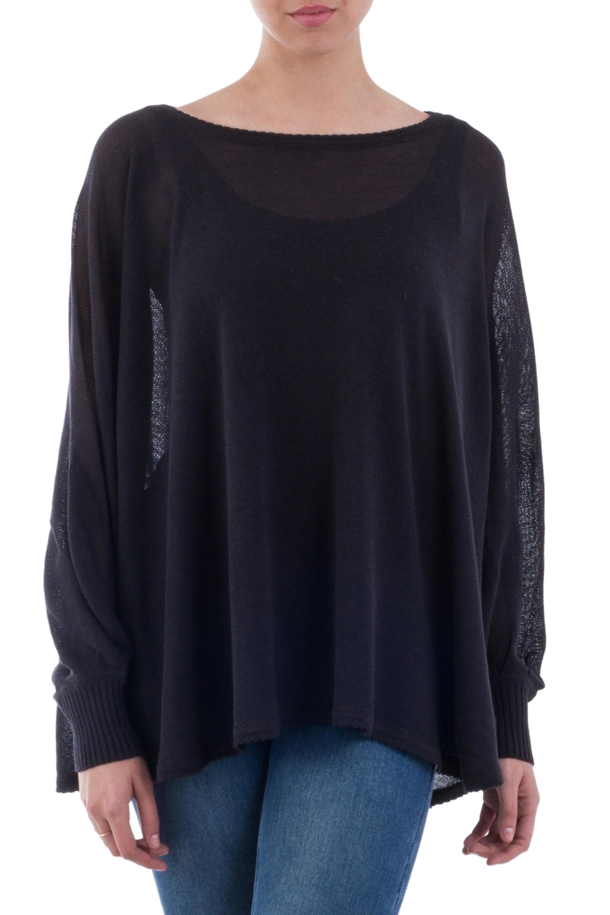 Night Breeze Soft Knit Bohemian Style Black Drape Sweater from Peru