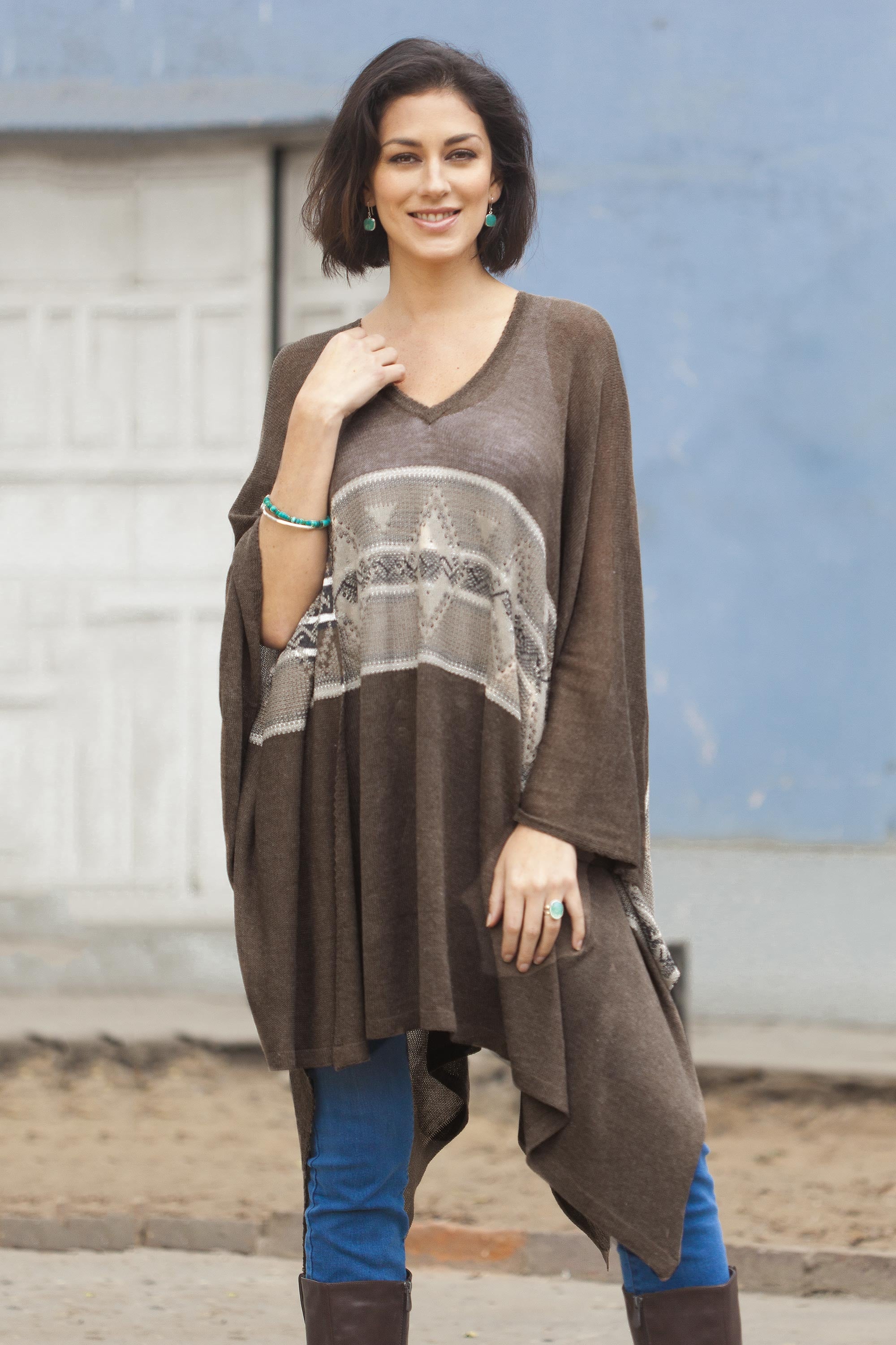 Brown Inca Woven Dark Brown Poncho with Stripe from Peru