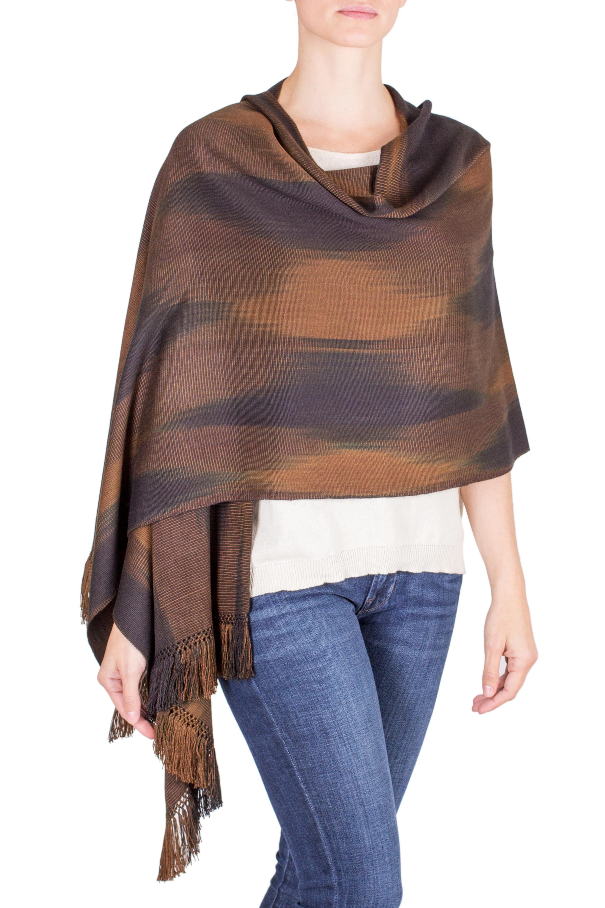 Coffee Rayon Chenille Shawl Hand Woven in Earth Tones