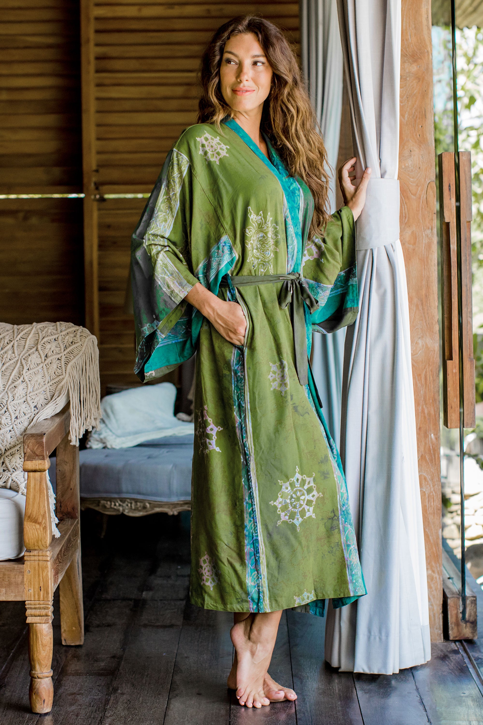 Pancaroba Handmade Batik Women's Robe from Bali in Shades of Green