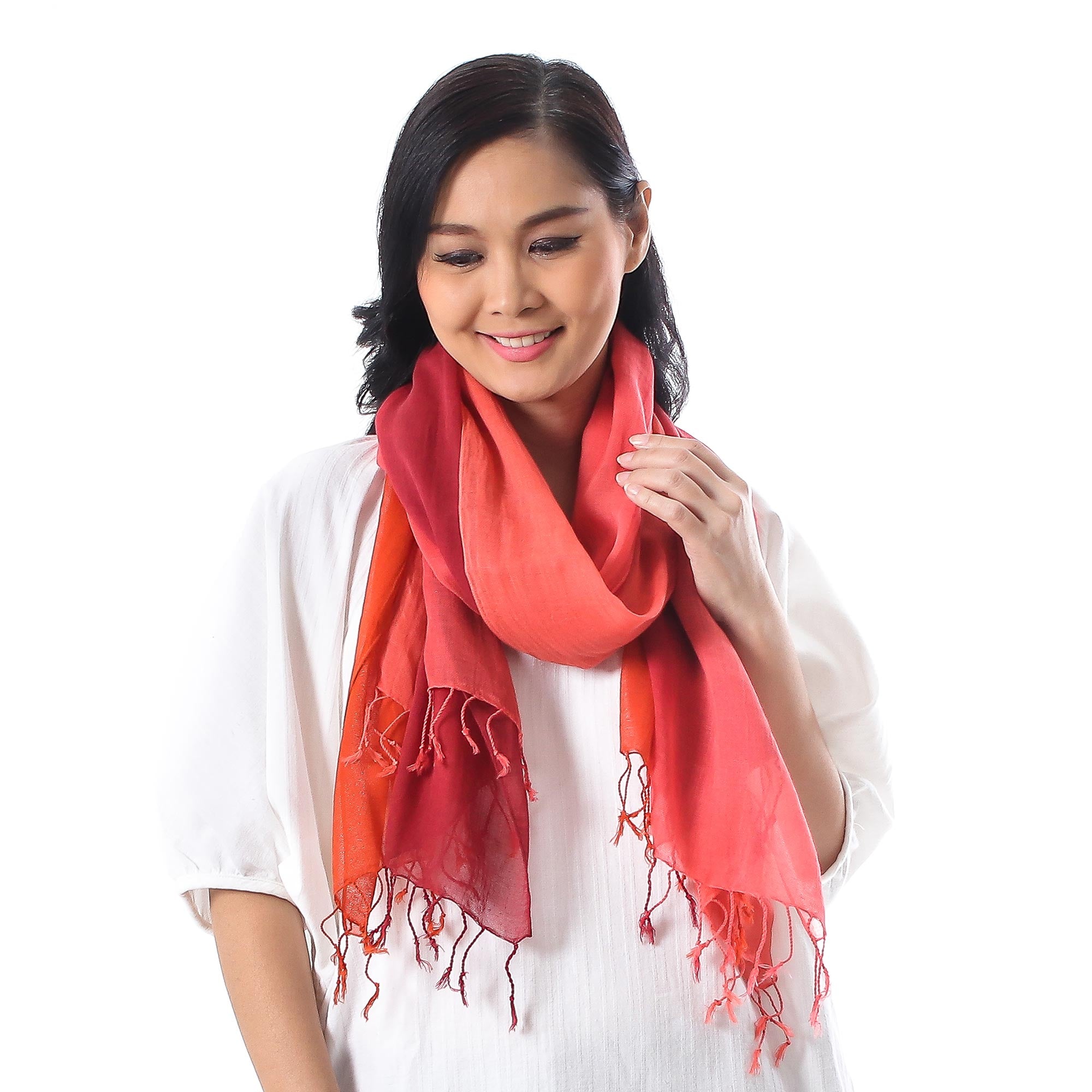 Delightful Breeze in Red Cotton Wrap Scarves in Red Pink and Orange (Pair)