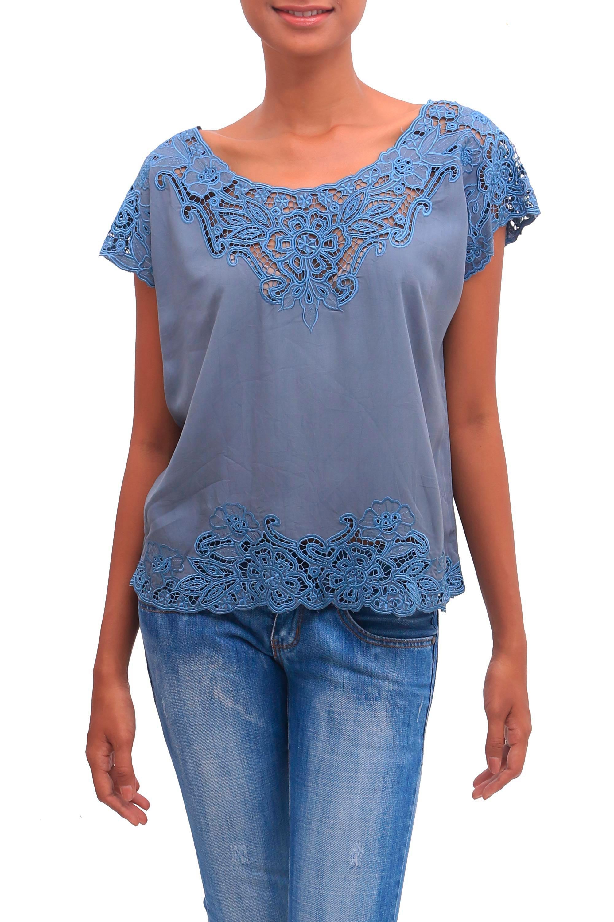 Blue Spruce Kusuma Floral Embroidered Rayon Blouse in Blue from Bali