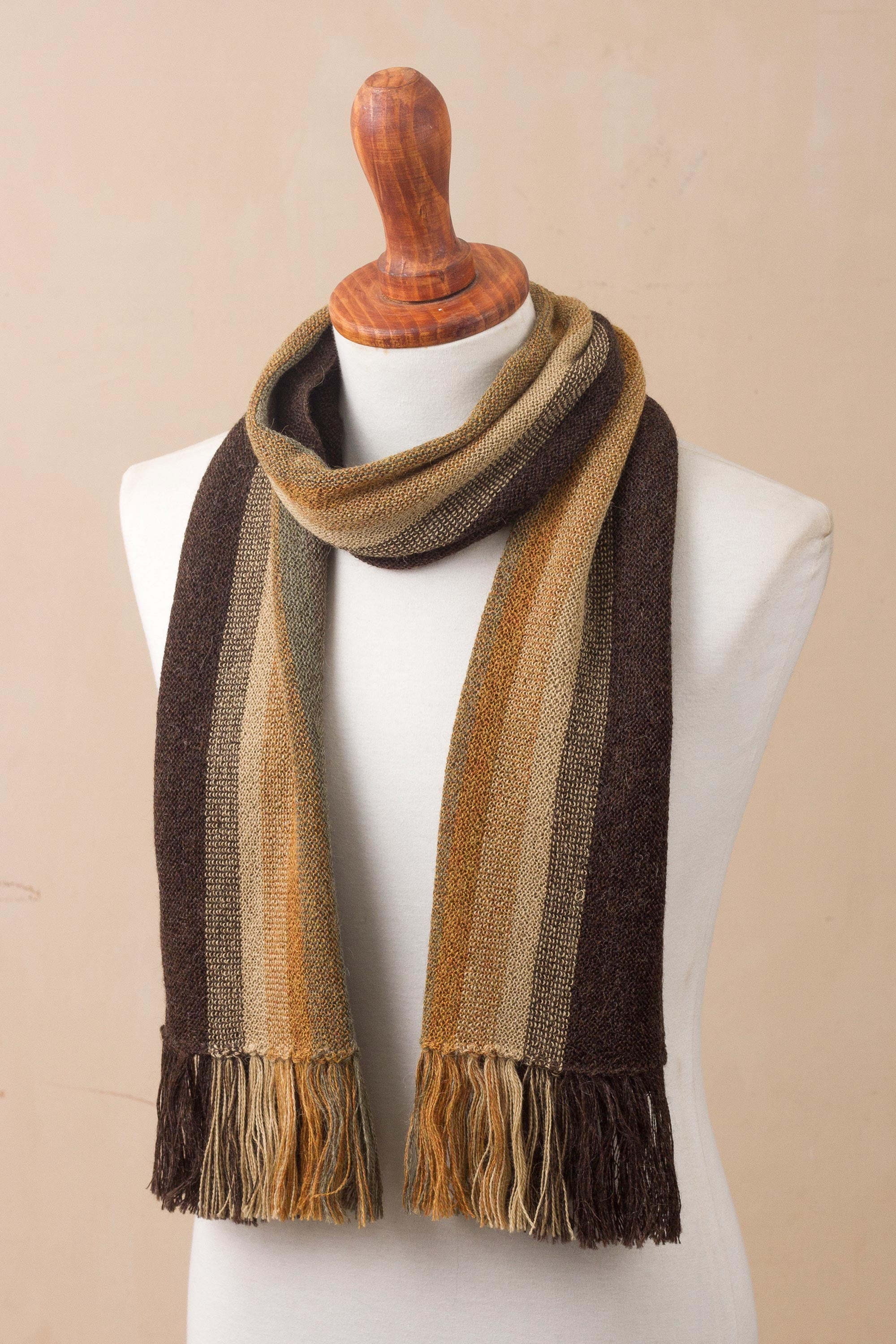 Cliffside Stripes Shades of Brown and Sage Green 100% Alpaca Knit Scarf