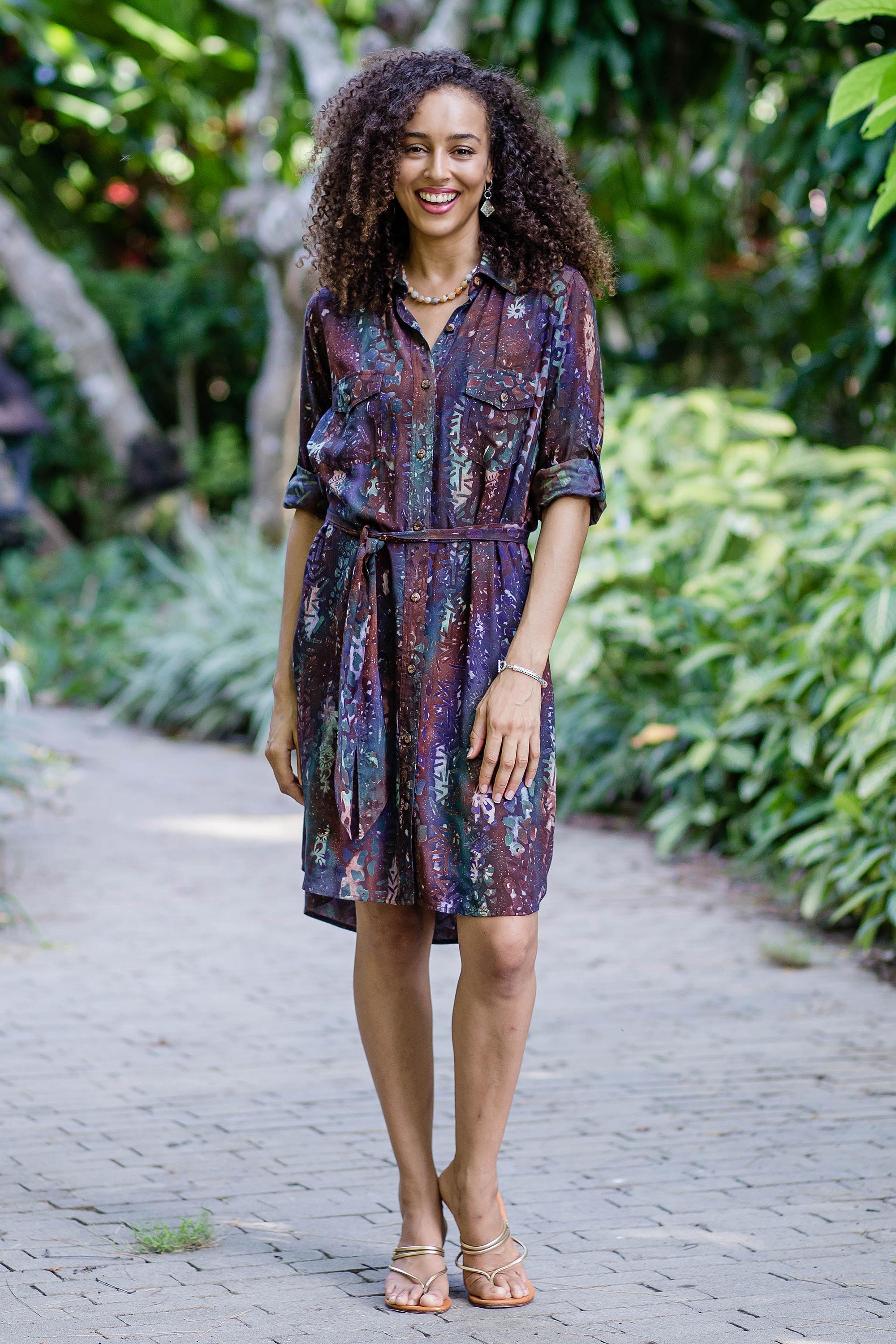 Chic Style Batik Rayon Collared Shirtdress from Bali