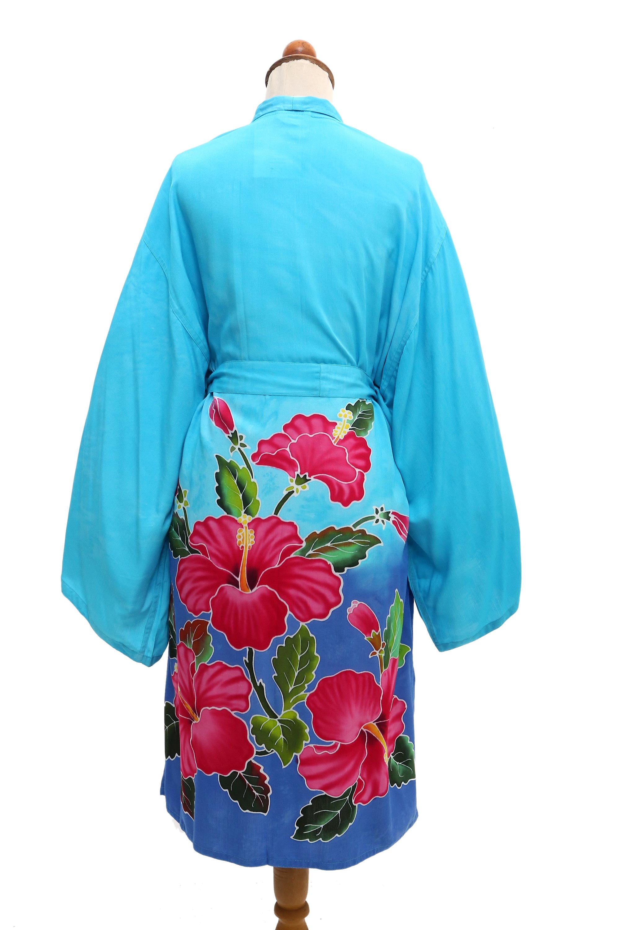 Sky Lotus Hand-Painted Blue Rayon Robe from Bali