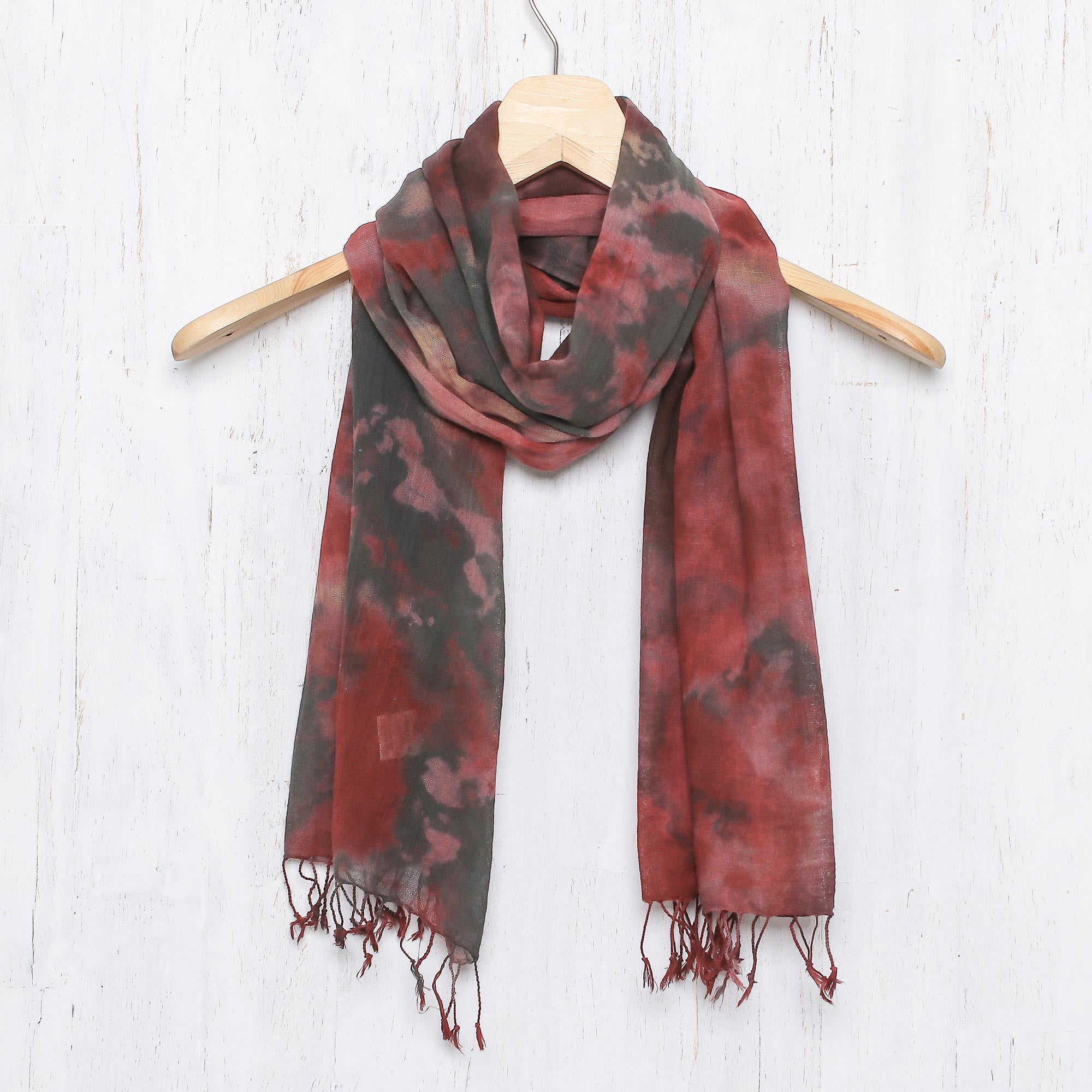 Heated Colors Tie-Dyed Cotton Wrap Scarf in Red from Thailand