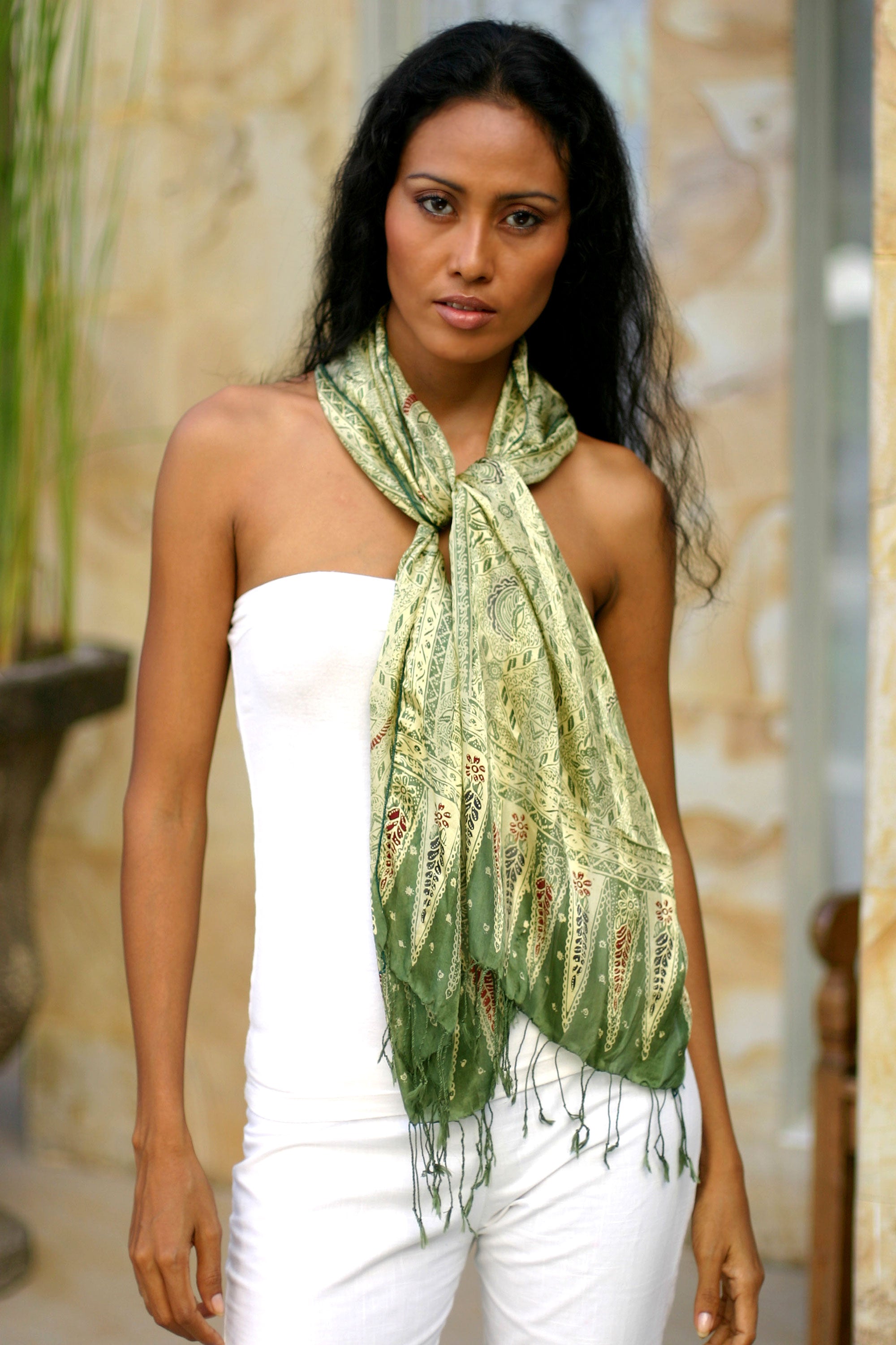 Royal Java Green Hand Made Floral Silk Batik Scarf