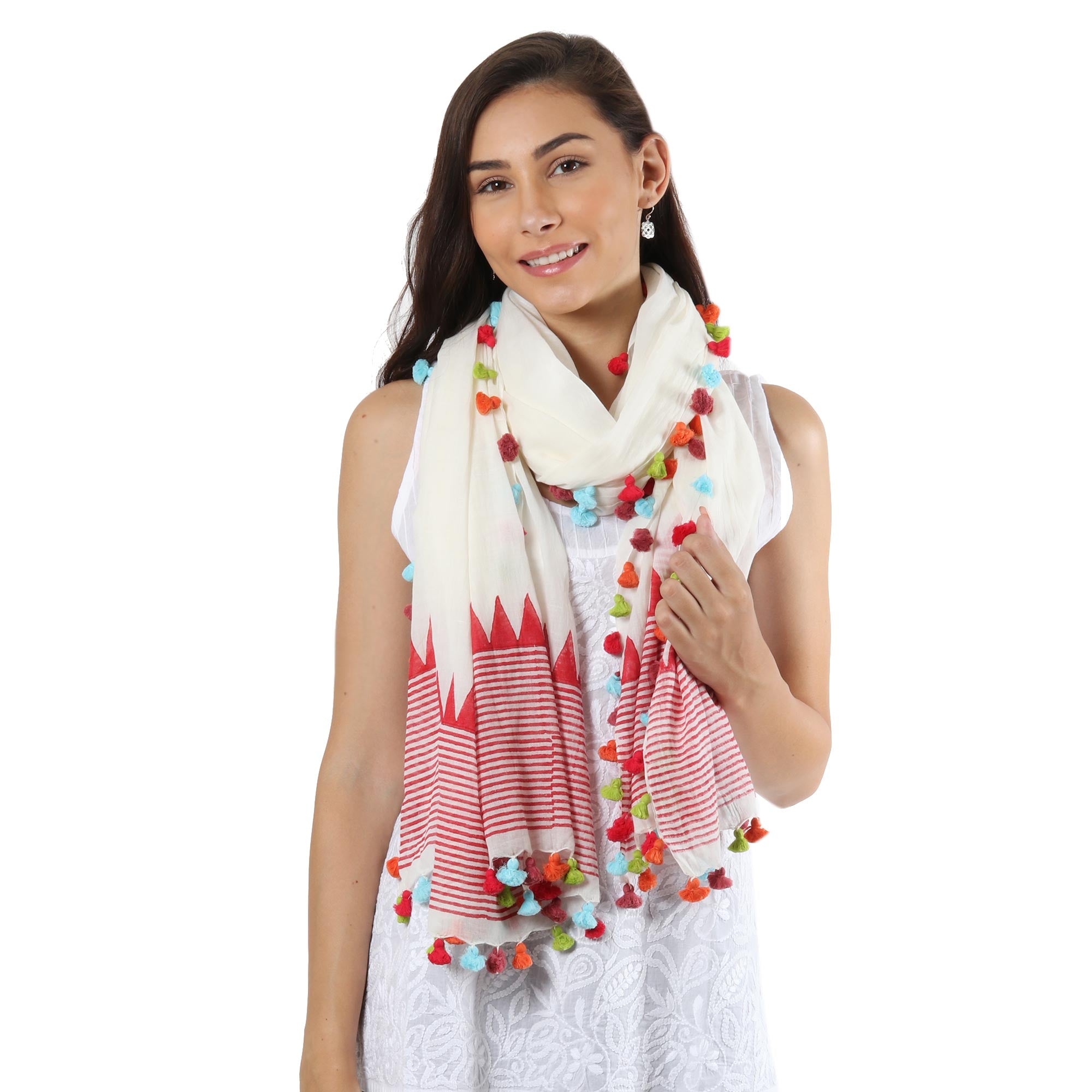 Pop of Color Loom Woven 100% Cotton White and Red Shawl from India