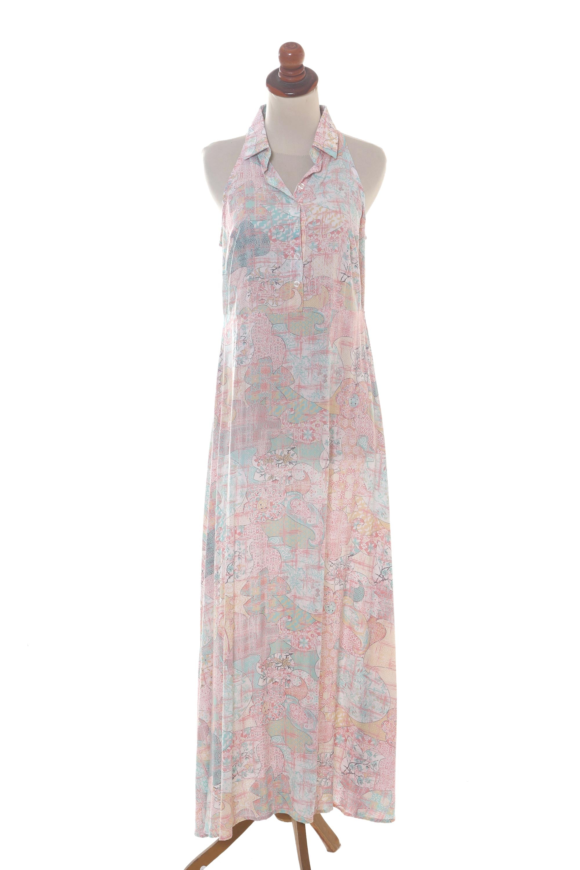 Sekar Jagad Rayon Halter Dress with Pink and Aqua Print