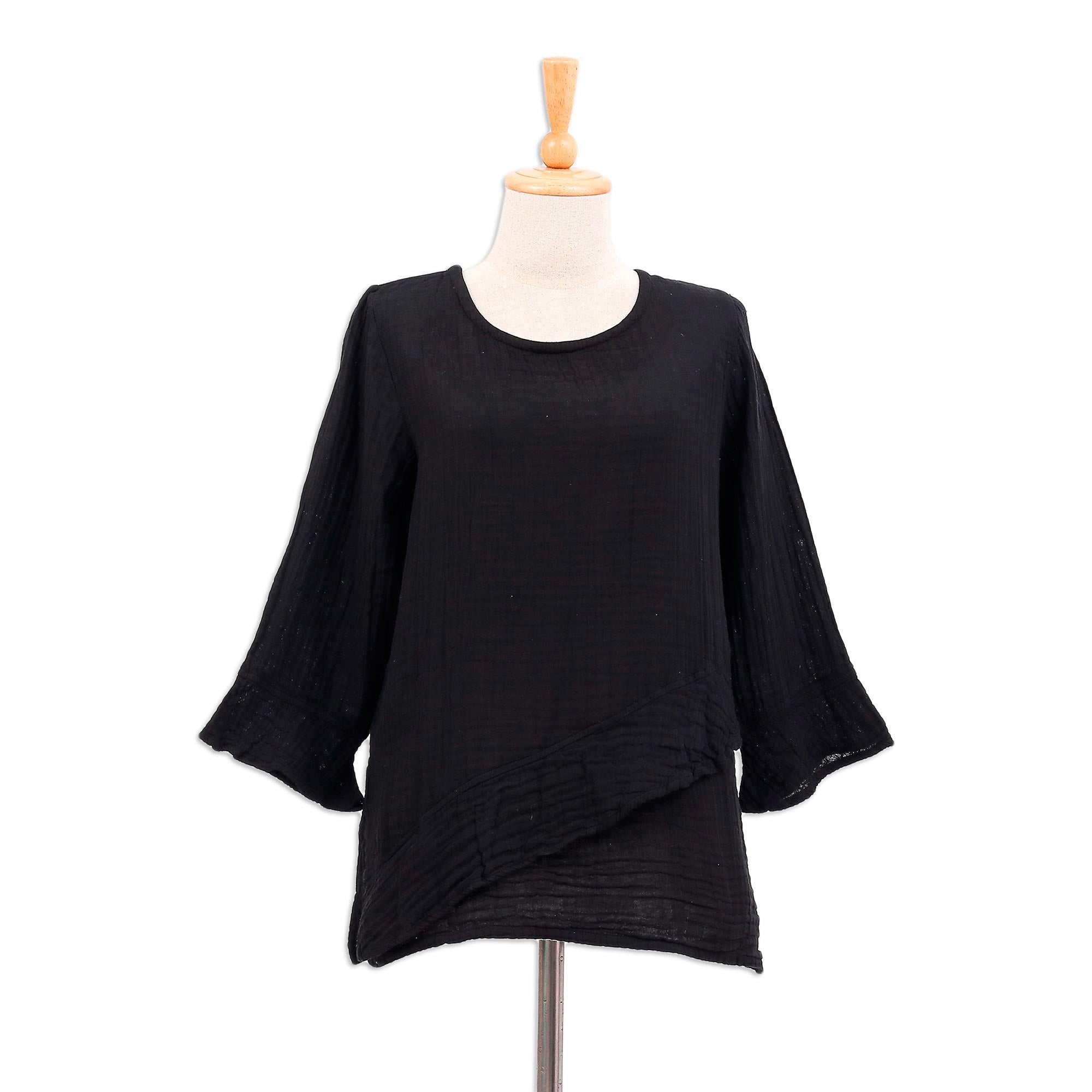 Black Ruffles Black Cotton Gauze Blouse from Thailand