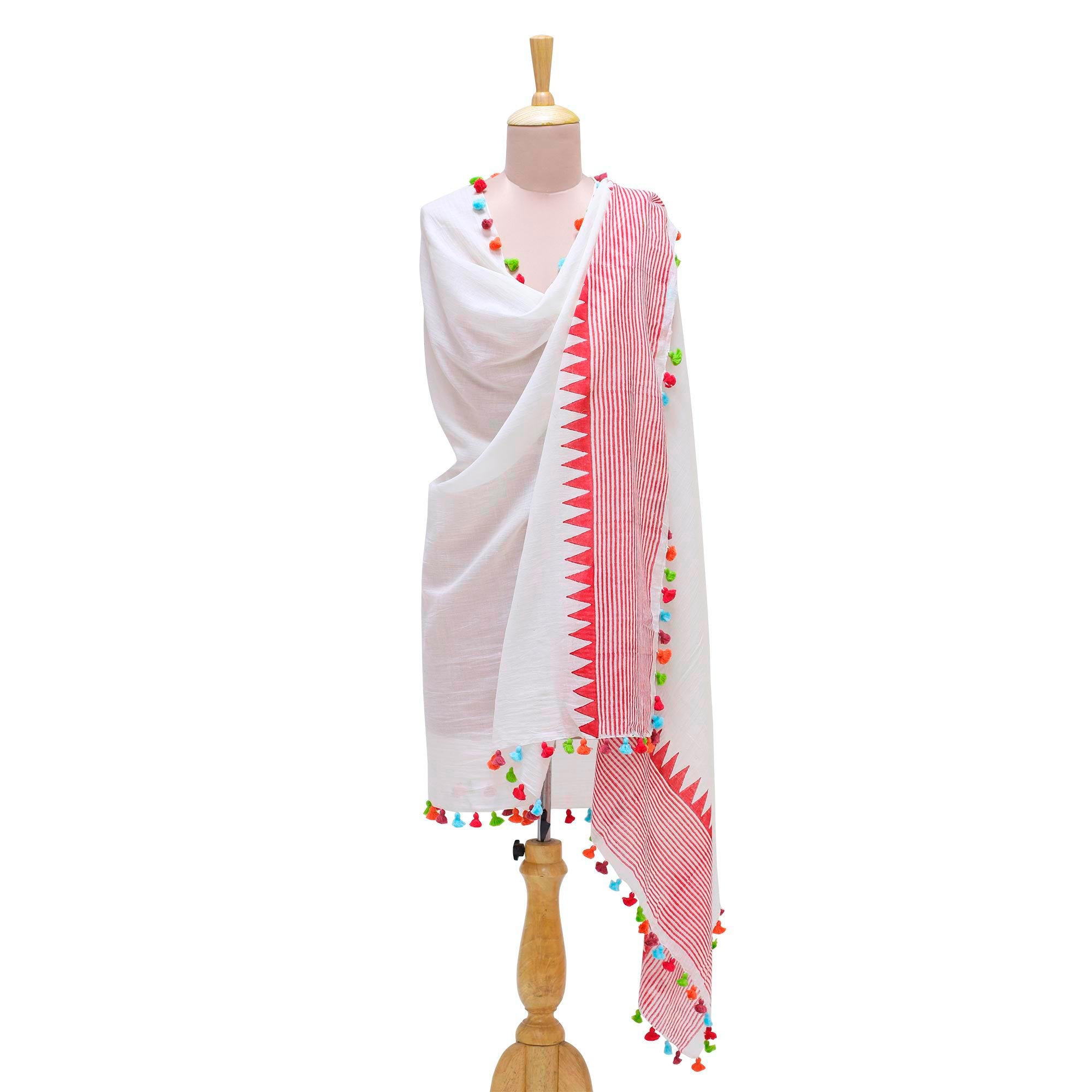 Pop of Color Loom Woven 100% Cotton White and Red Shawl from India