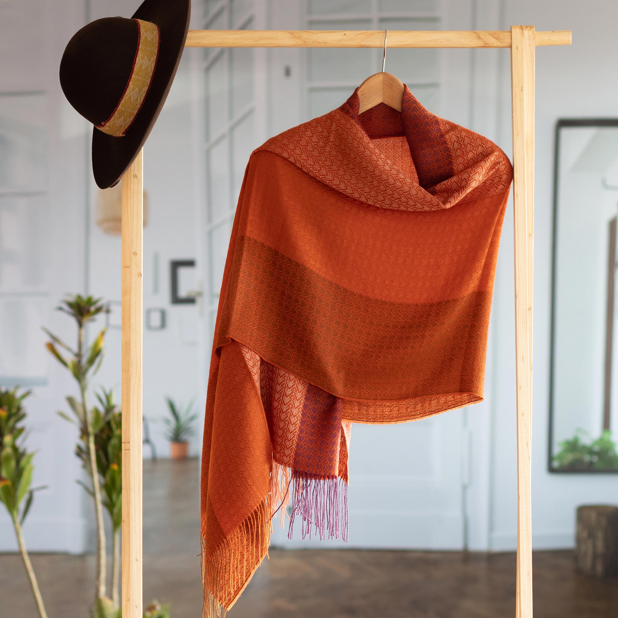 Blazing Warmth Handwoven Red and Orange Baby Alpaca Blend Shawl from Peru