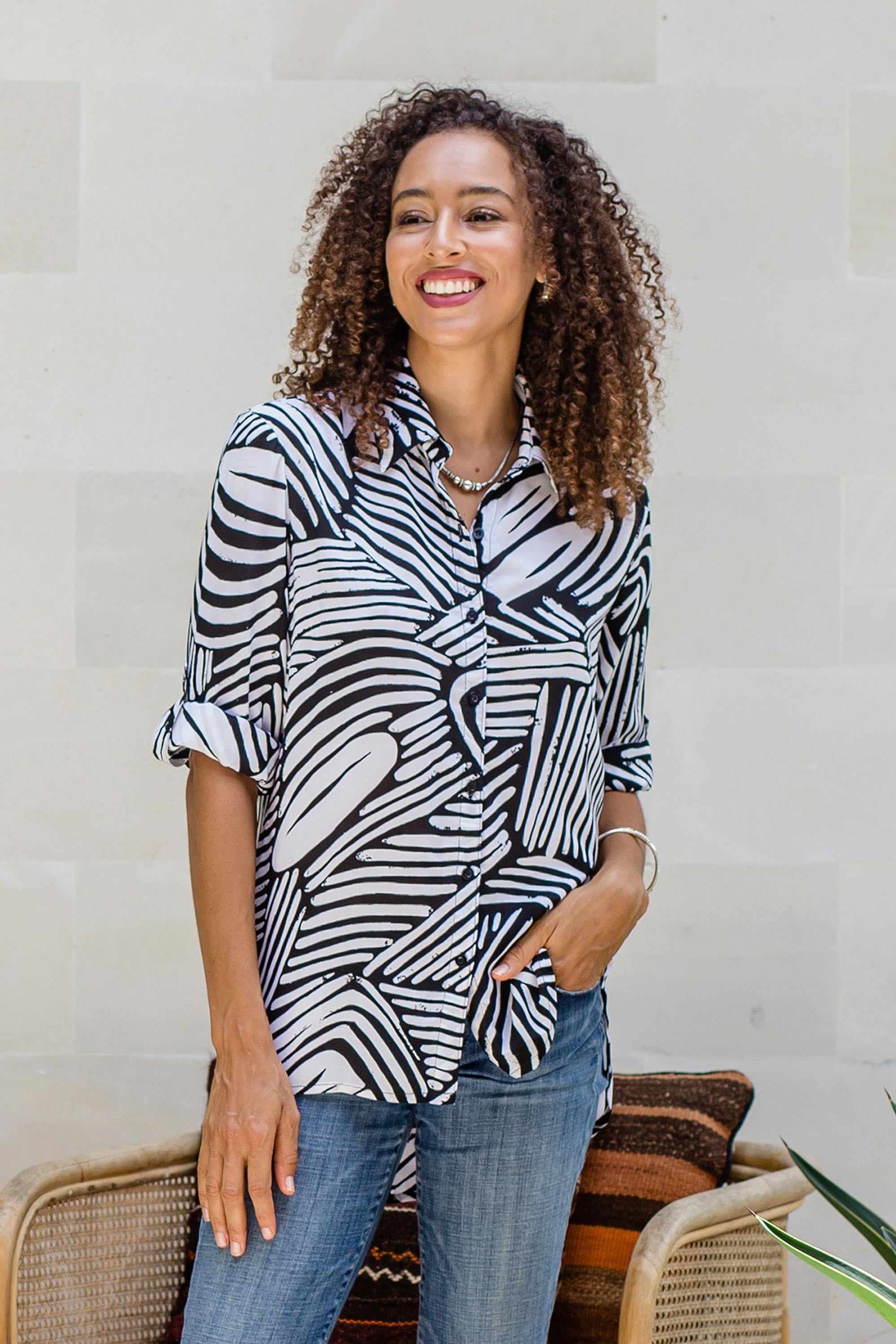 Palm Leaf in Black Silk-Screened Rayon Collared Shirt