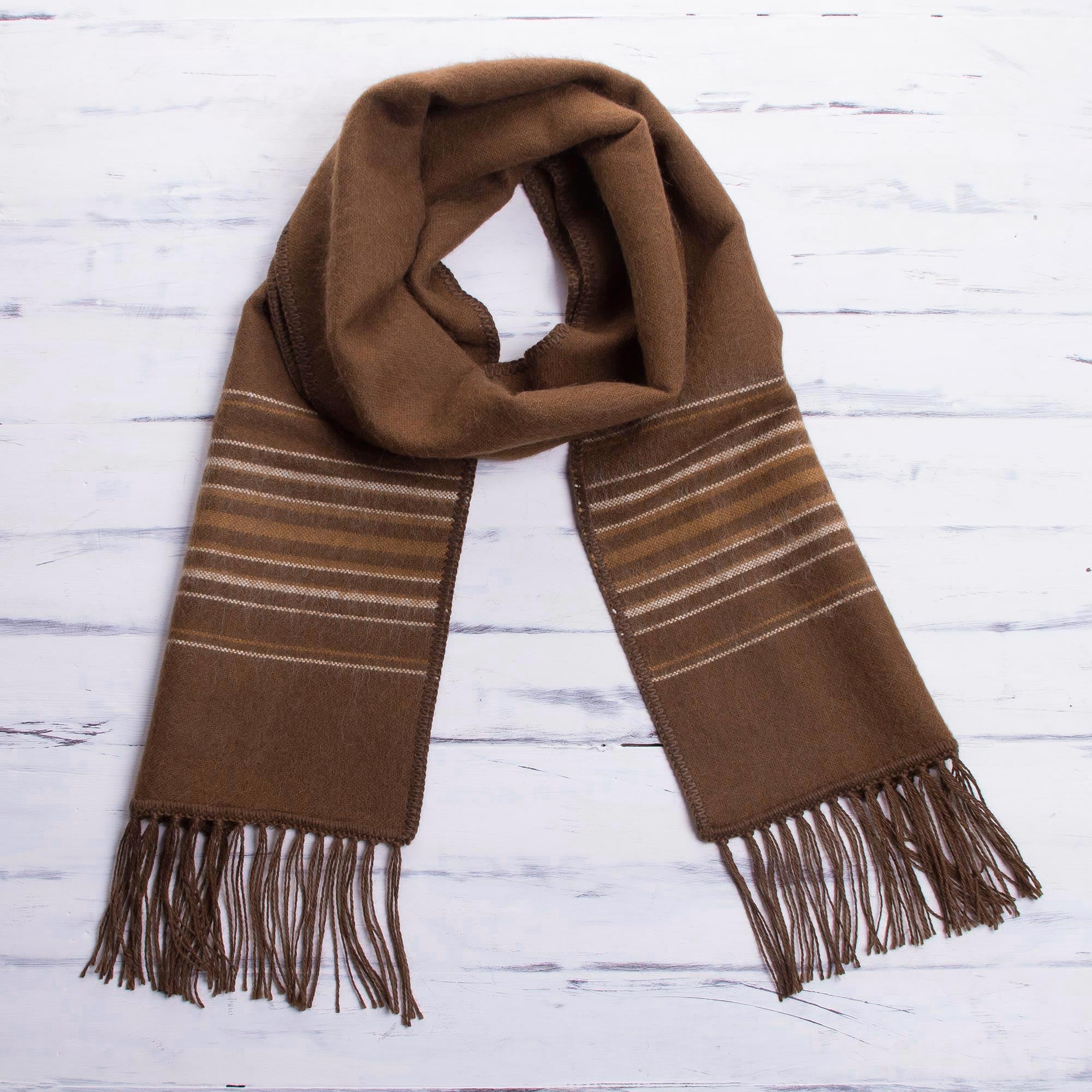 Andean Clouds in Brown Men's Artisan Crafted Woven Brown Alpaca Blend Scarf