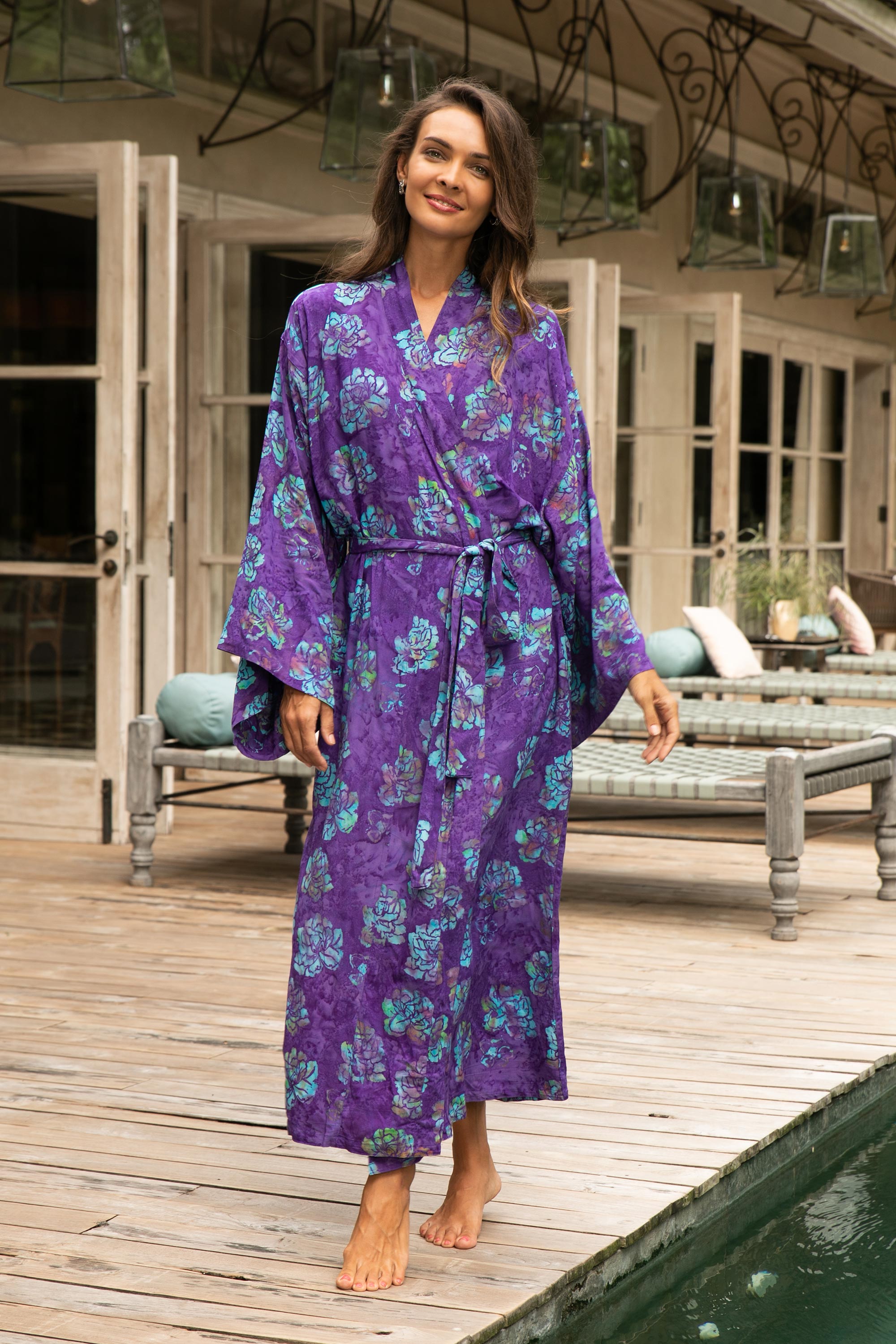 Daydream in Violet Purple Blue Batik Print Long Sleeved Rayon Robe with Belt