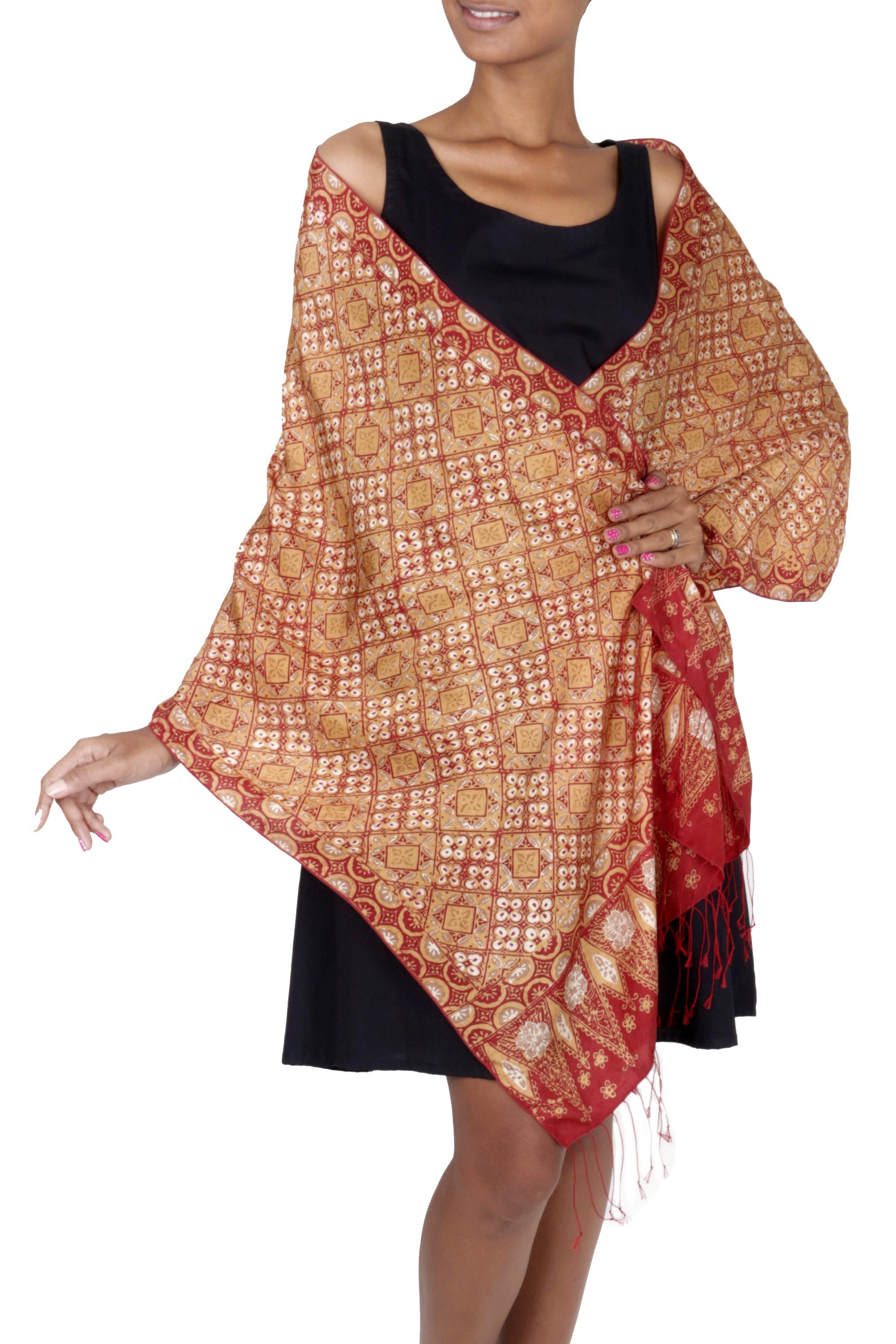 Ceplok Beteng Red and Gold Metallic Hand Stamped Batik Silk Shawl