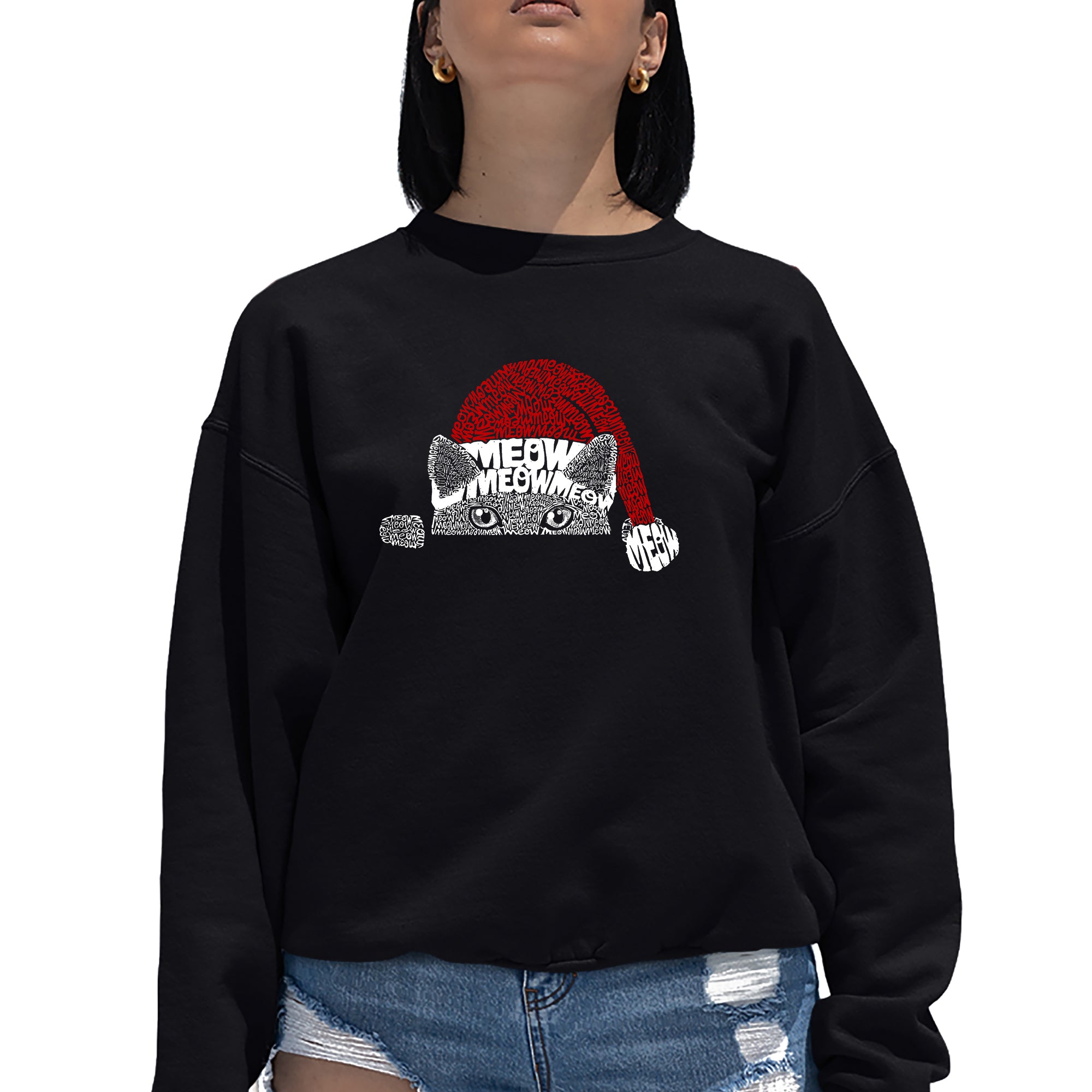 Christmas Peeking Cat - Women's Word Art Crewneck Sweatshirt