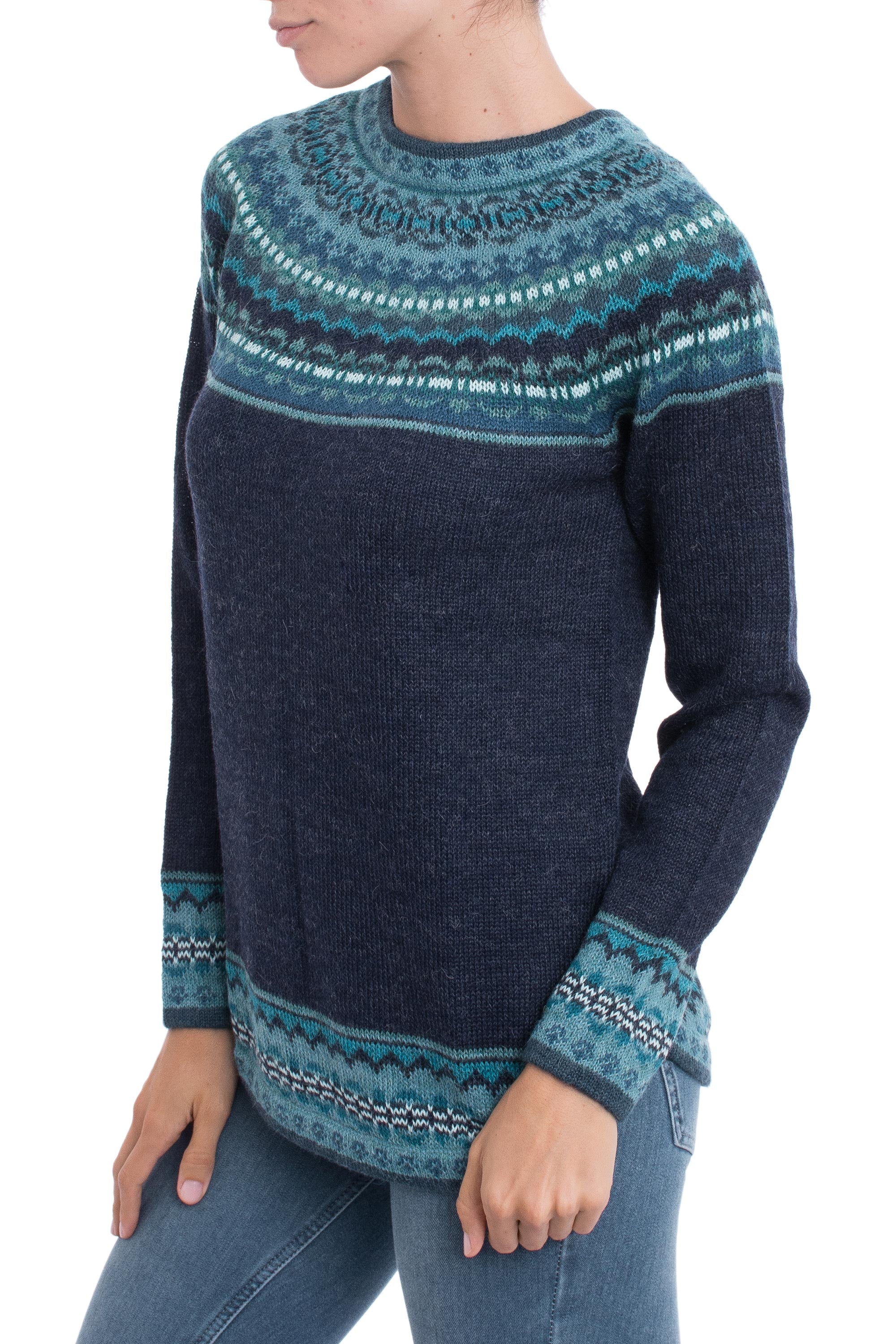 Playful Navy Blue Navy Blue 100% Alpaca Pullover Patterned Peruvian Sweater