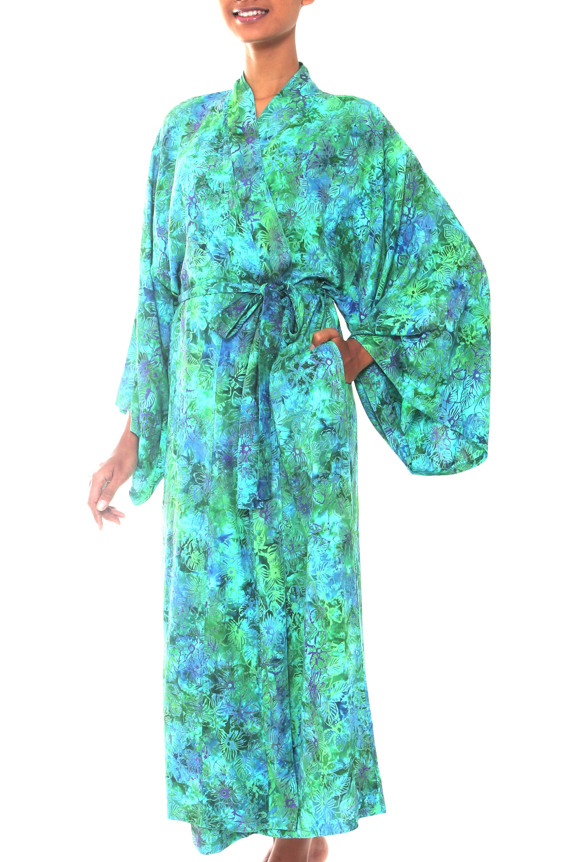 Ocean Jungle Green and Blue Tie-Dye and Batik Rayon Belted Robe