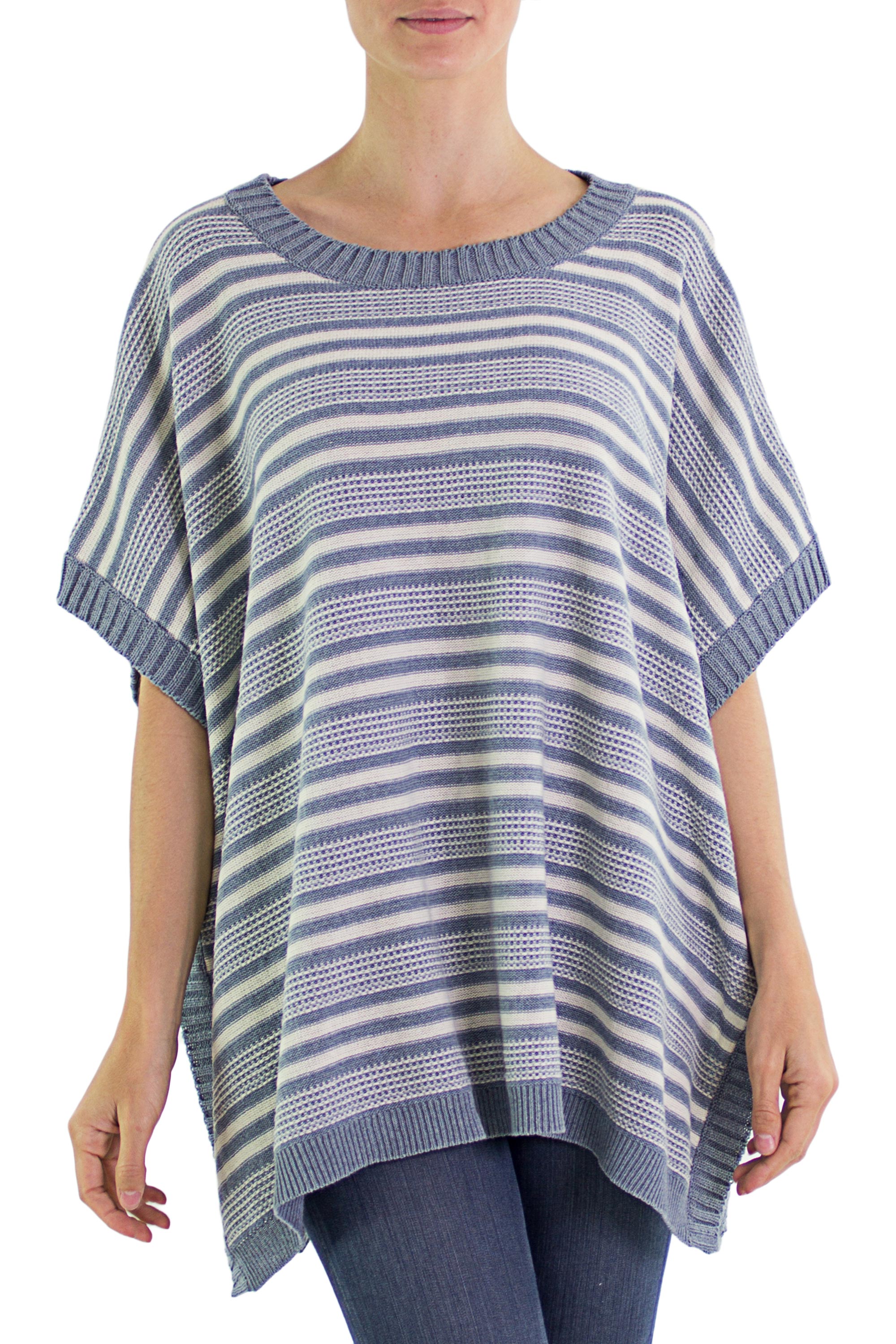 Elegant Stripes Cotton Poncho Blue Stripes Wood Buttons from Guatemala