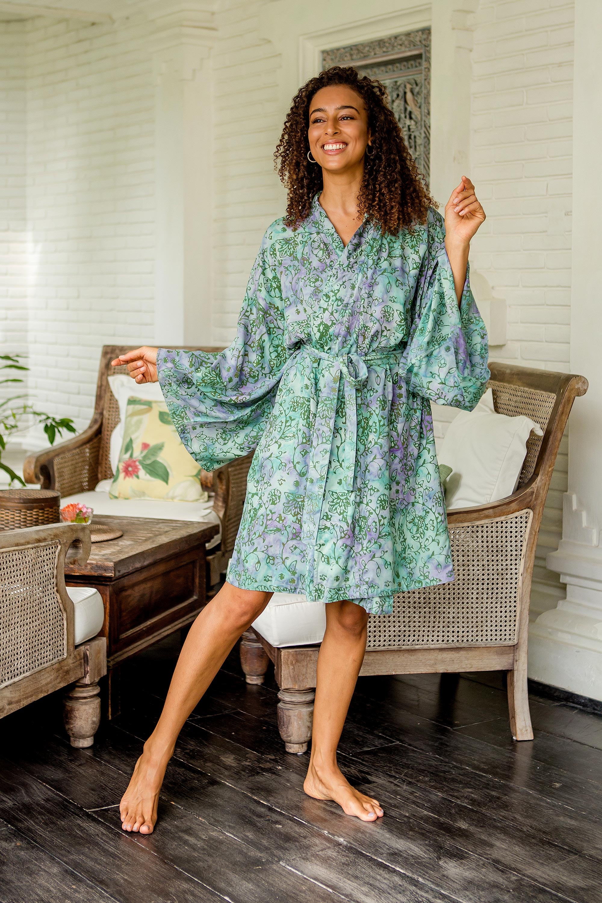 Green Gardens Hand-Painted Tie-Dye Rayon Robe