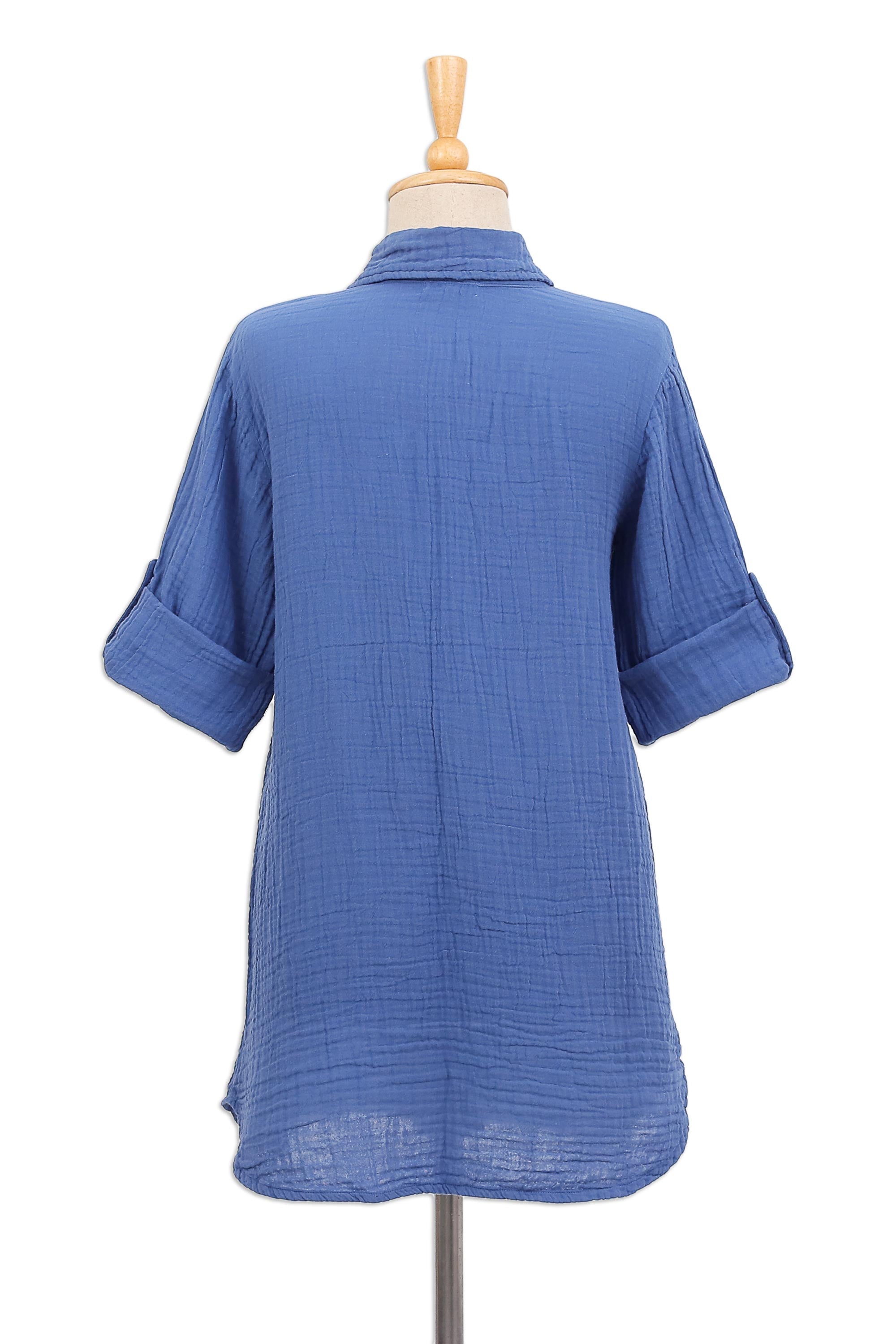 Periwinkle Pintucks Blue Cotton Gauze Shirt from Thailand