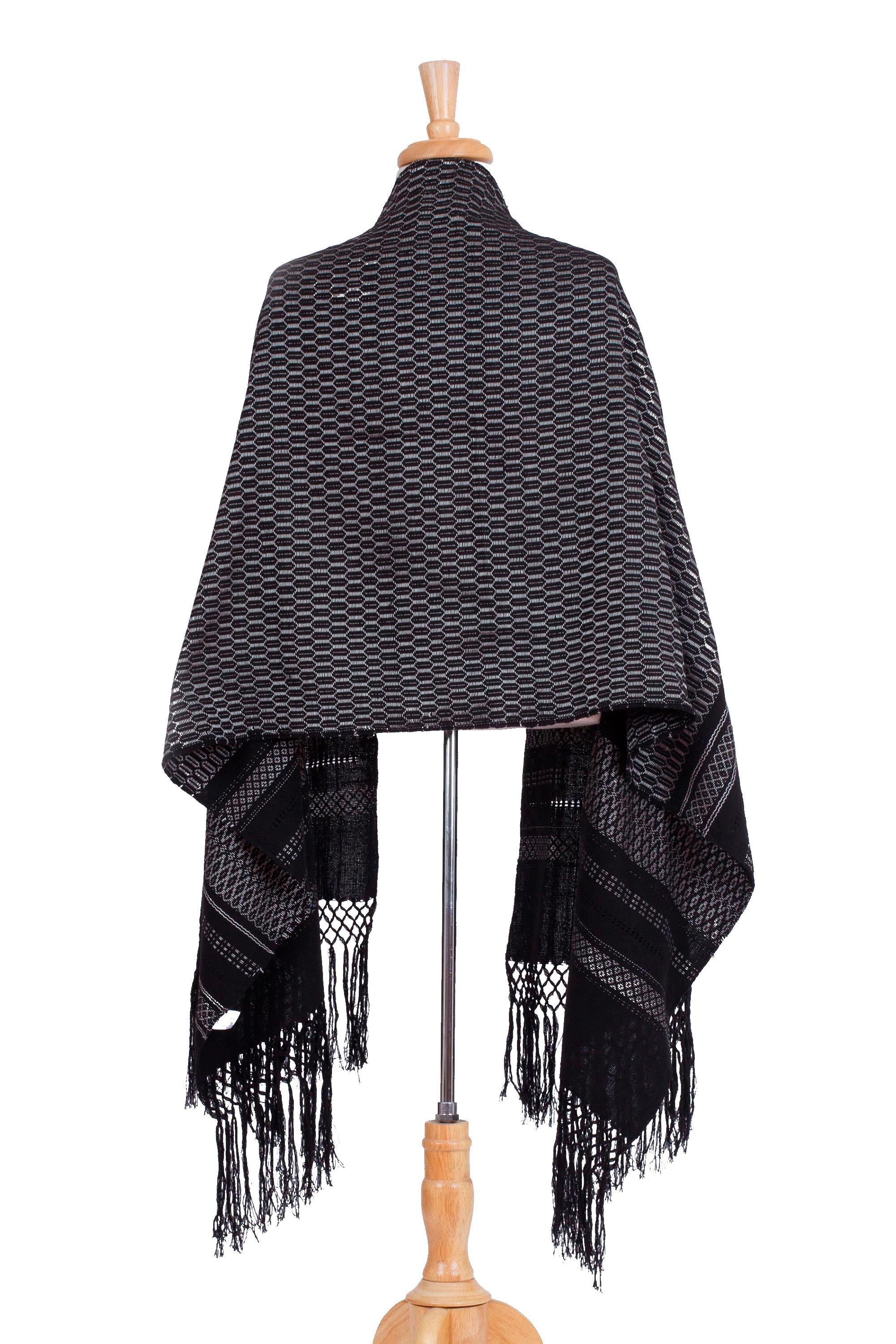 Fiesta in Black and Silver Silvery Grey on Black Handwoven Zapotec Rebozo Shawl