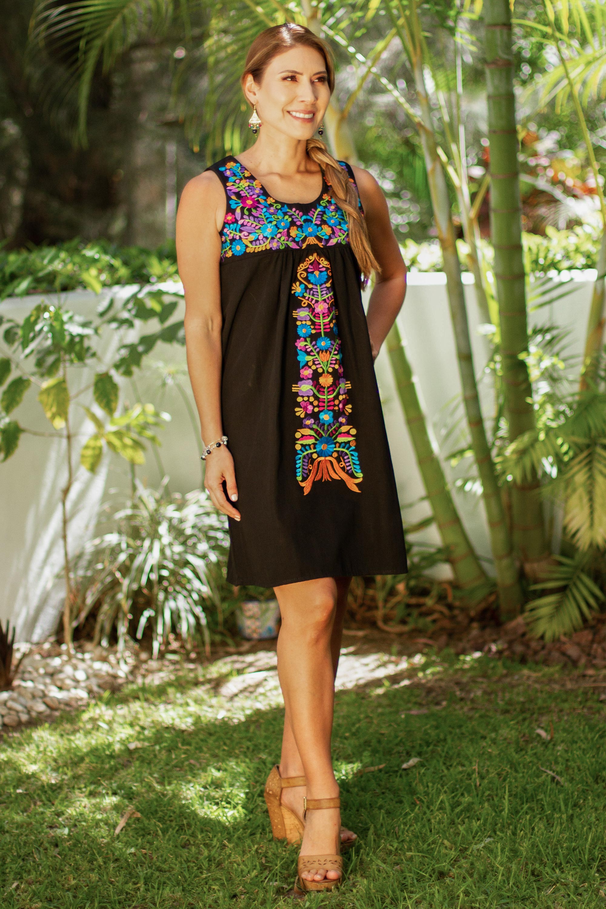 Chapala Breeze Sleeveless Embroidered Black Dress