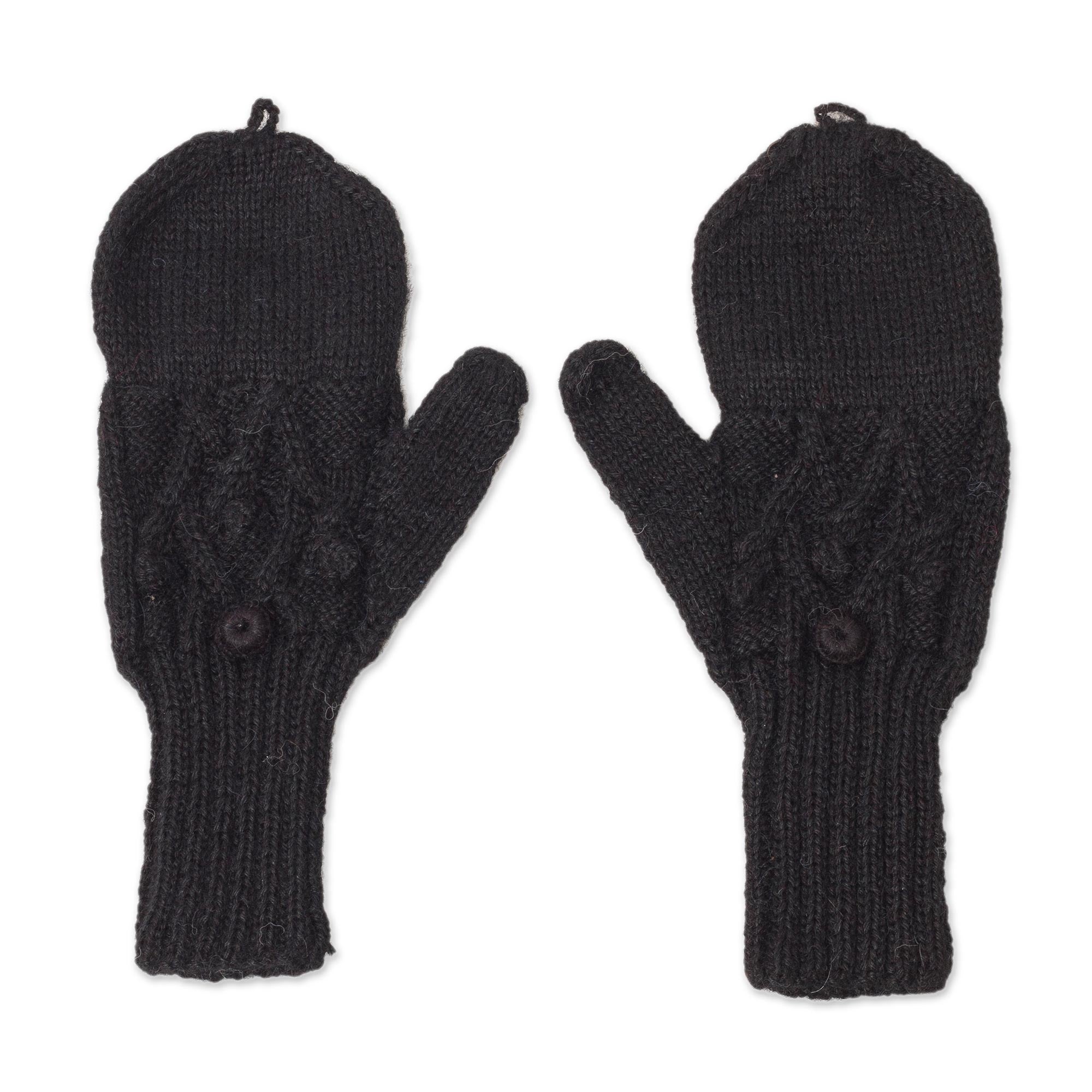 Diamond Elegance in Black Diamond Pattern 100% Alpaca Mittens in Black from Peru