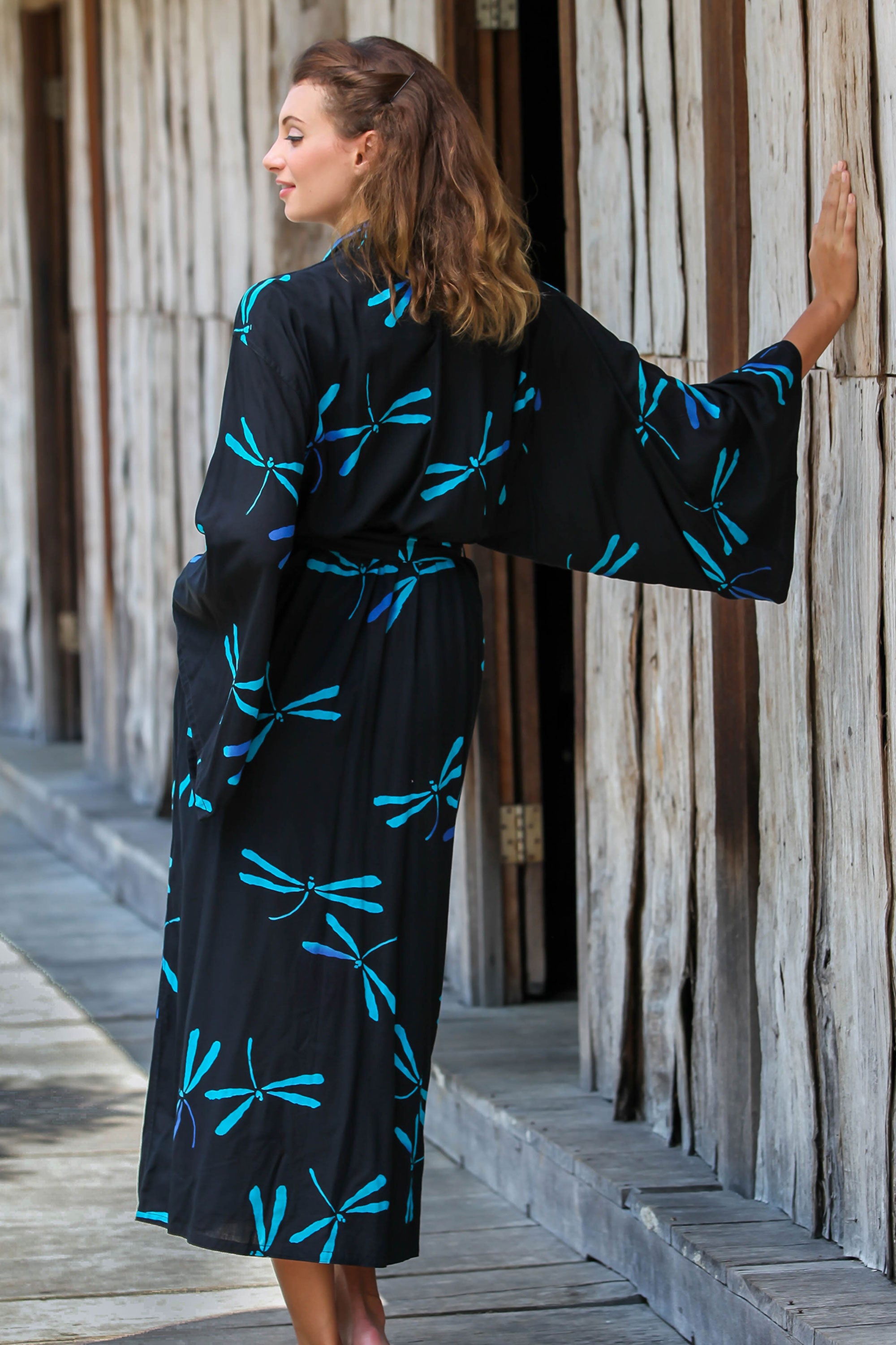 Night Dragonflies Handcrafted Black Batik Robe with Dragonflies from Bali