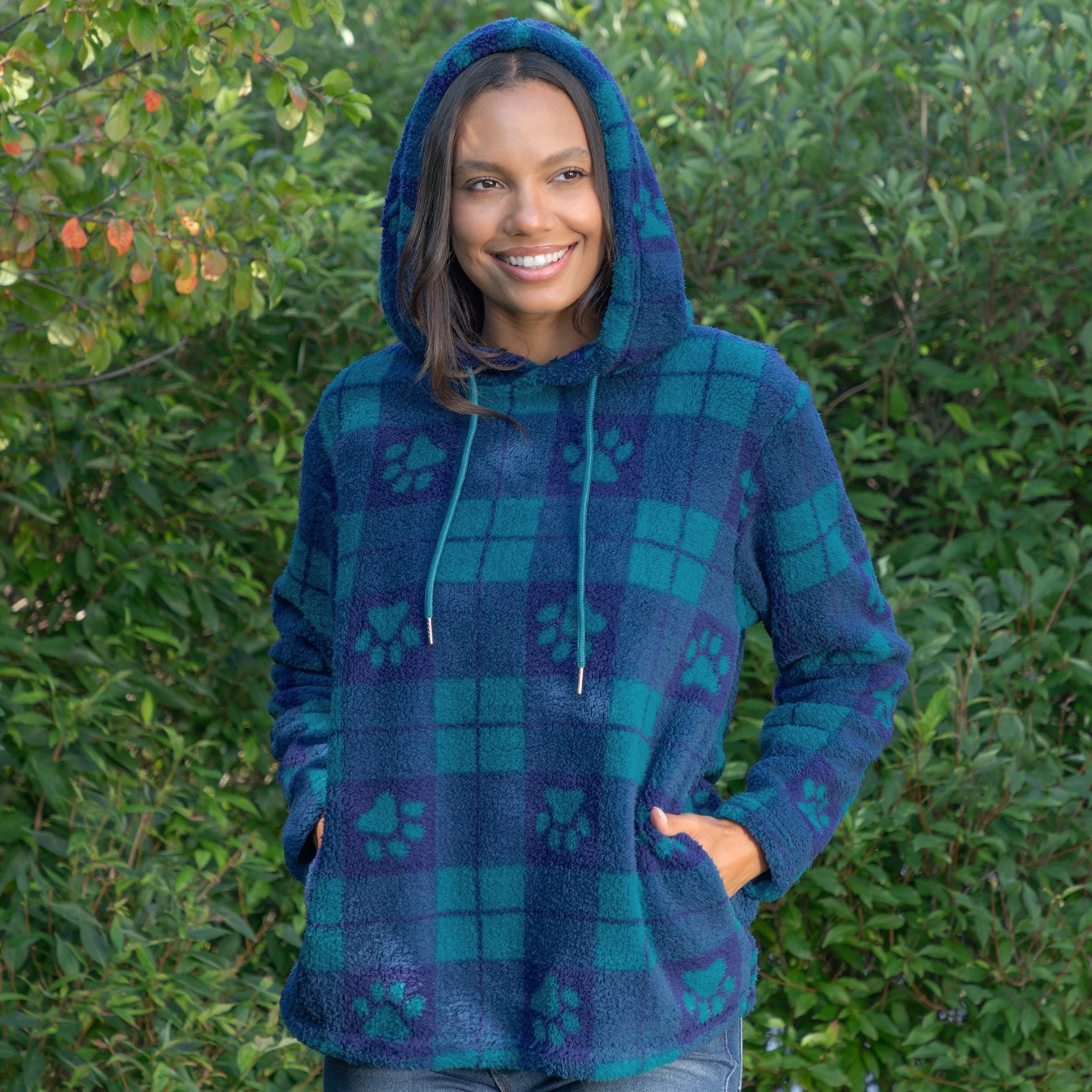 Large Check Plaid Paws Plush Sherpa Fleece Hoodie