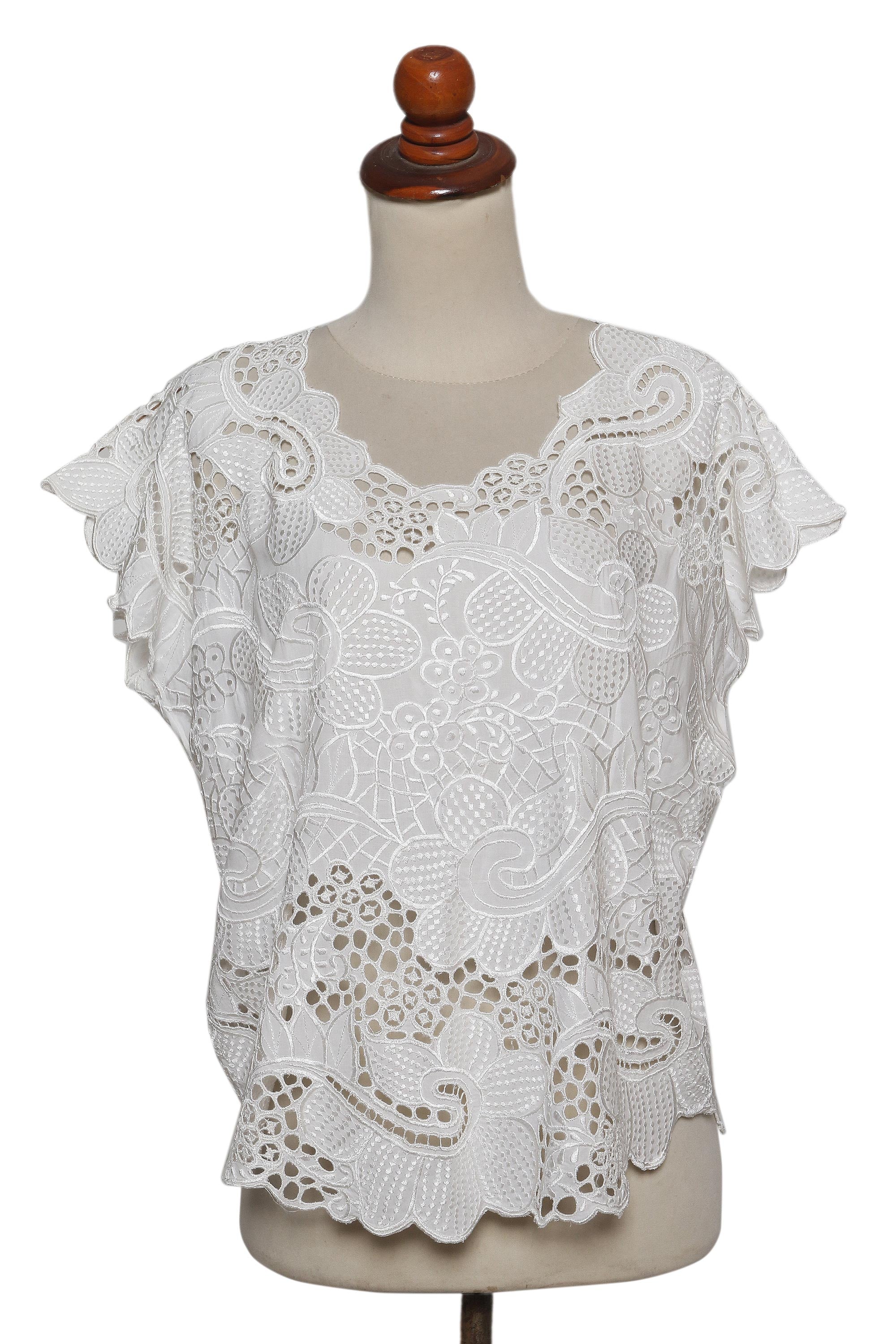 Rose Mallow in White Floral White-On-White Openwork and Embroidered Rayon Top