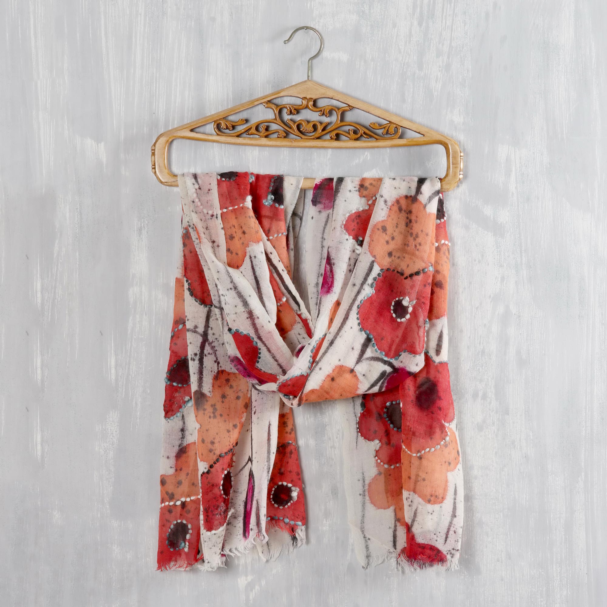 Morning Allure Red and Orange Floral Wool Shawl from India