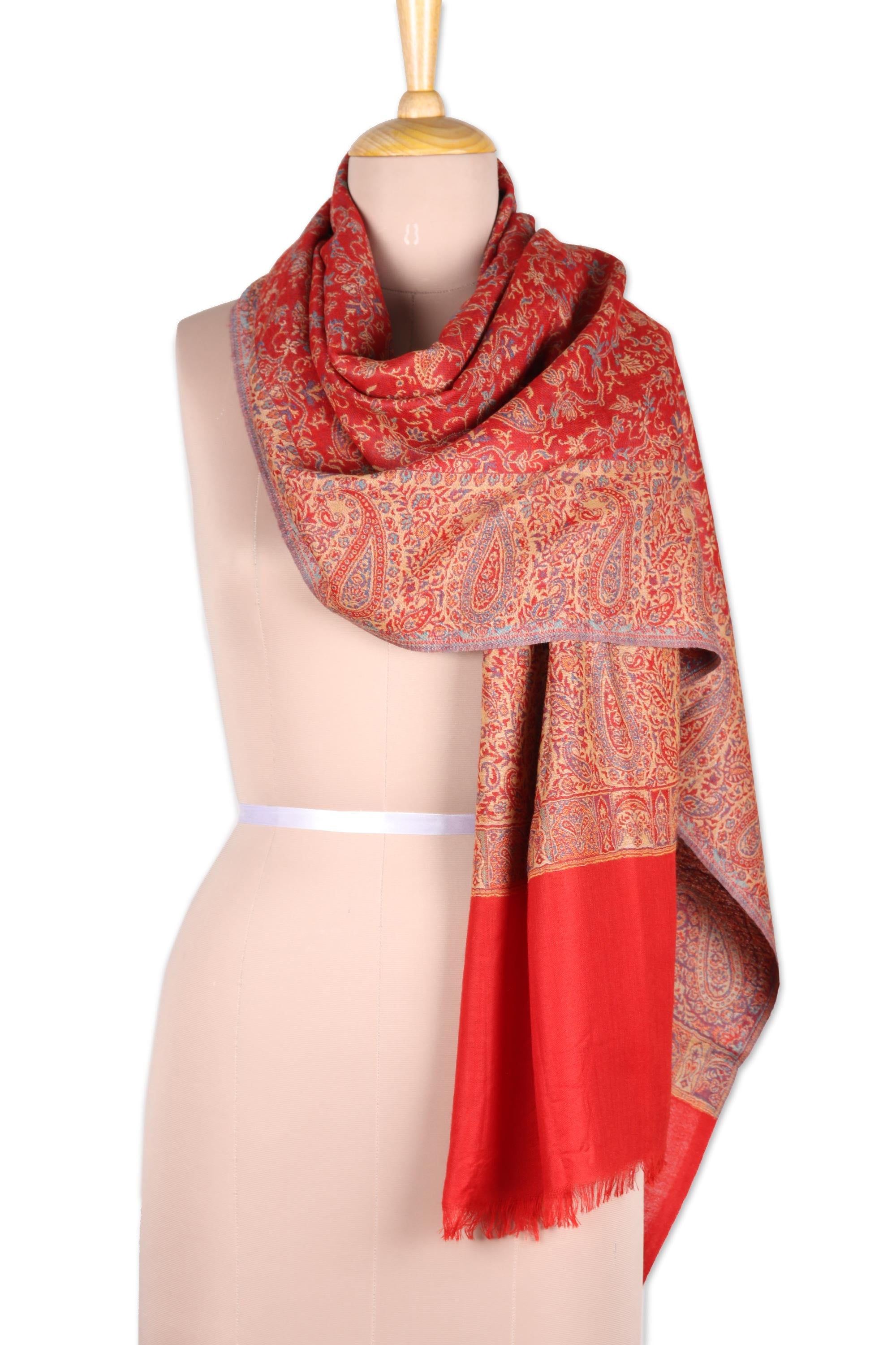 Paisley Glamour Paisley Motif Jamawar Wool Shawl in Poppy from India