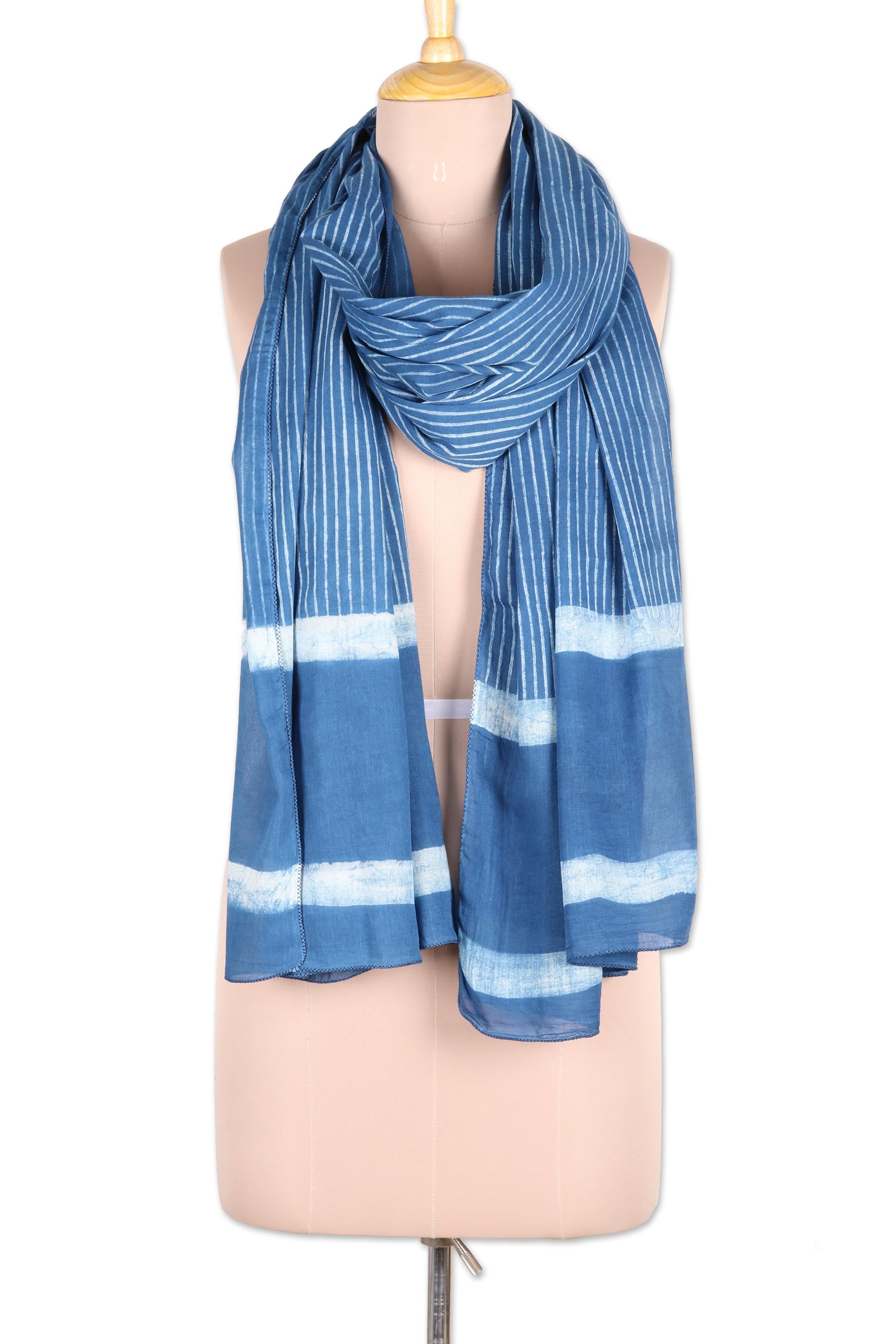 Dabu Blue Blue and White Mud Resist Striped Block Print Cotton Shawl