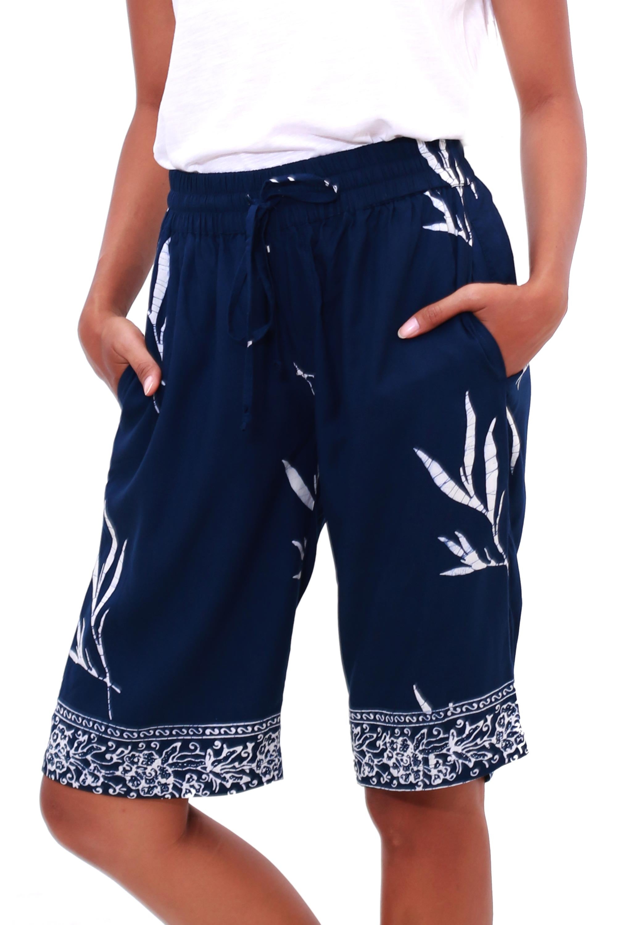 Midnight Fall Batik Rayon Shorts in Midnight and White from Bali