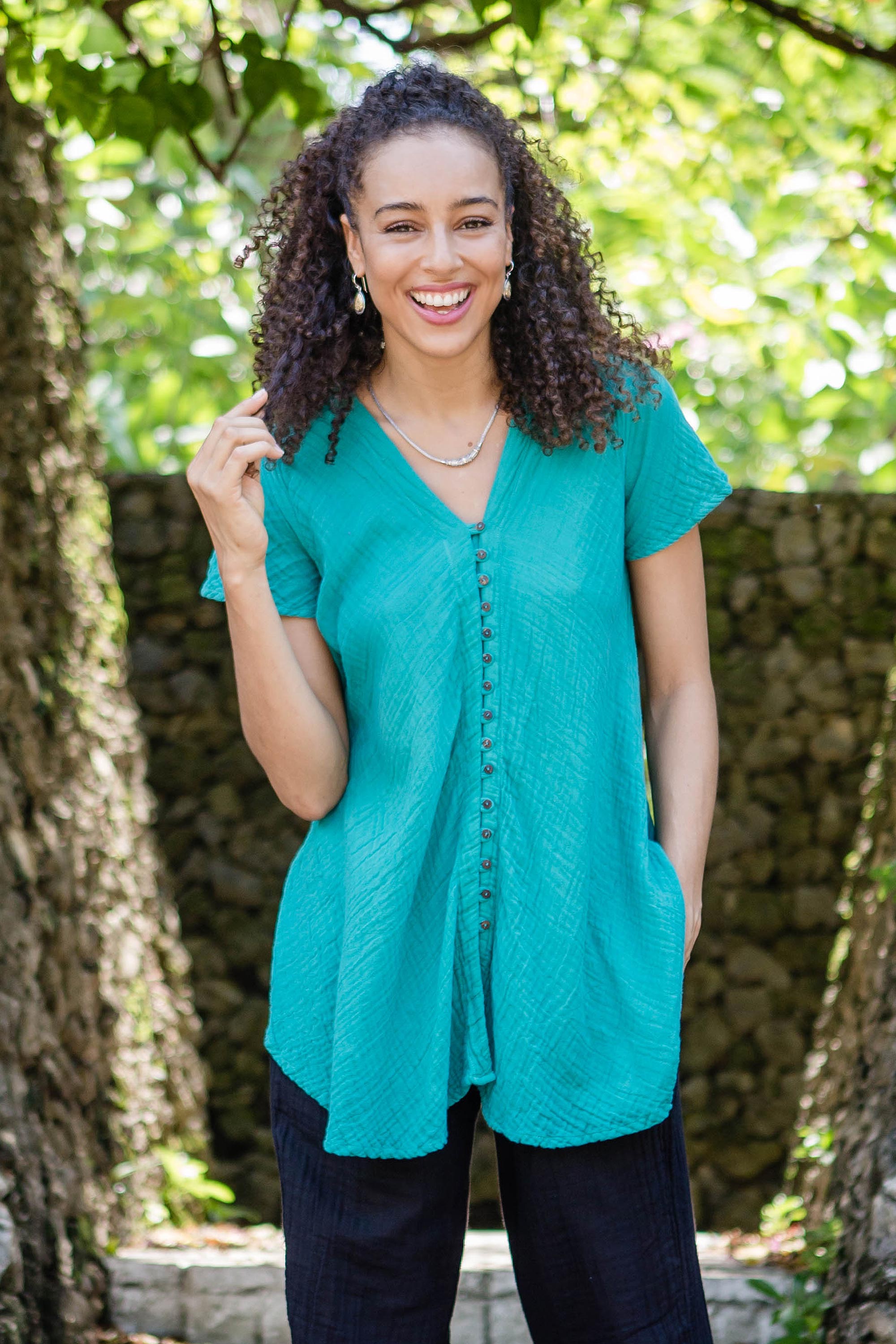 Turquoise Flair Cotton V-Neck Blouse with Coconut Shell Buttons