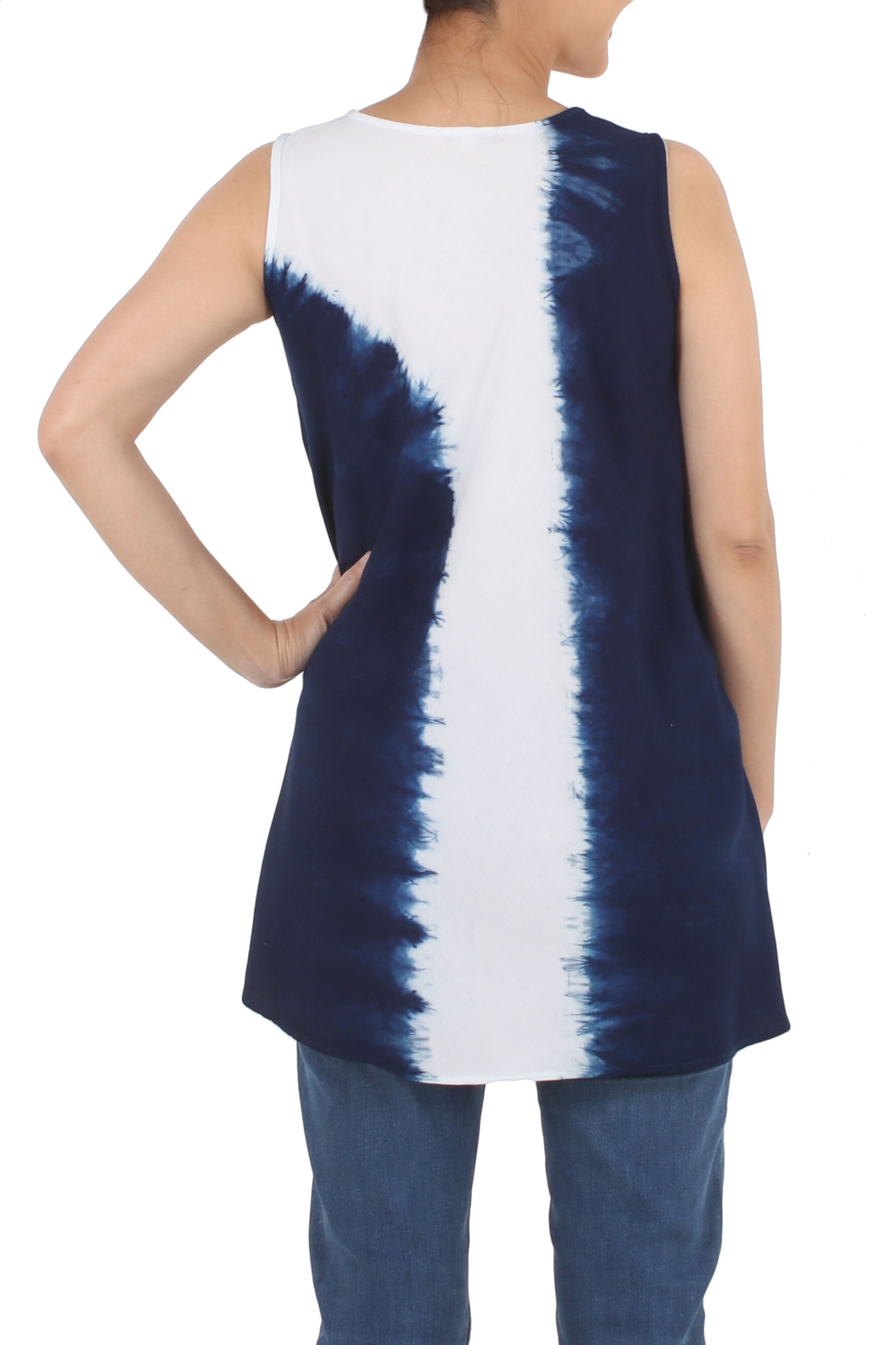 Flowing Indigo White Vertical Stripe Tie-Dye Sleeveless Cotton Tunic