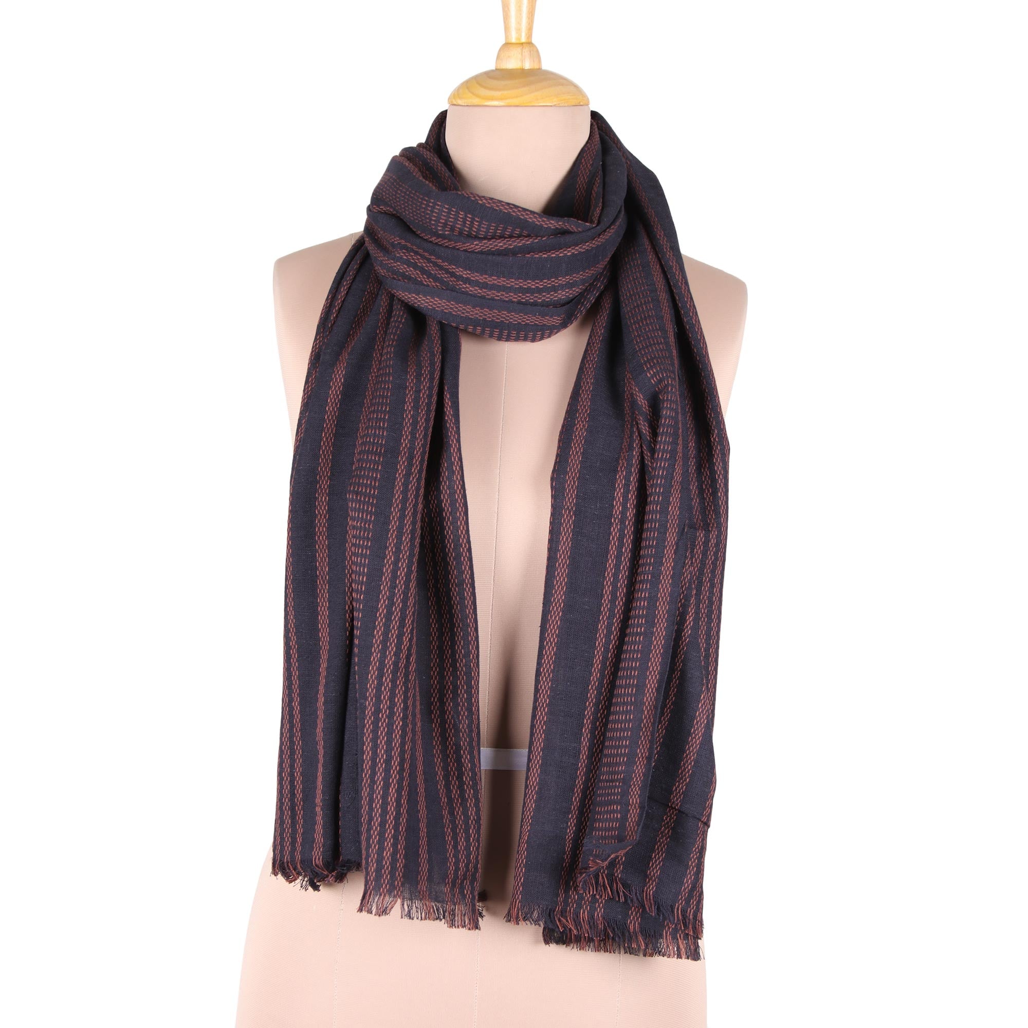 Elegant Combination Navy and Peach Striped Cotton Shawl from India