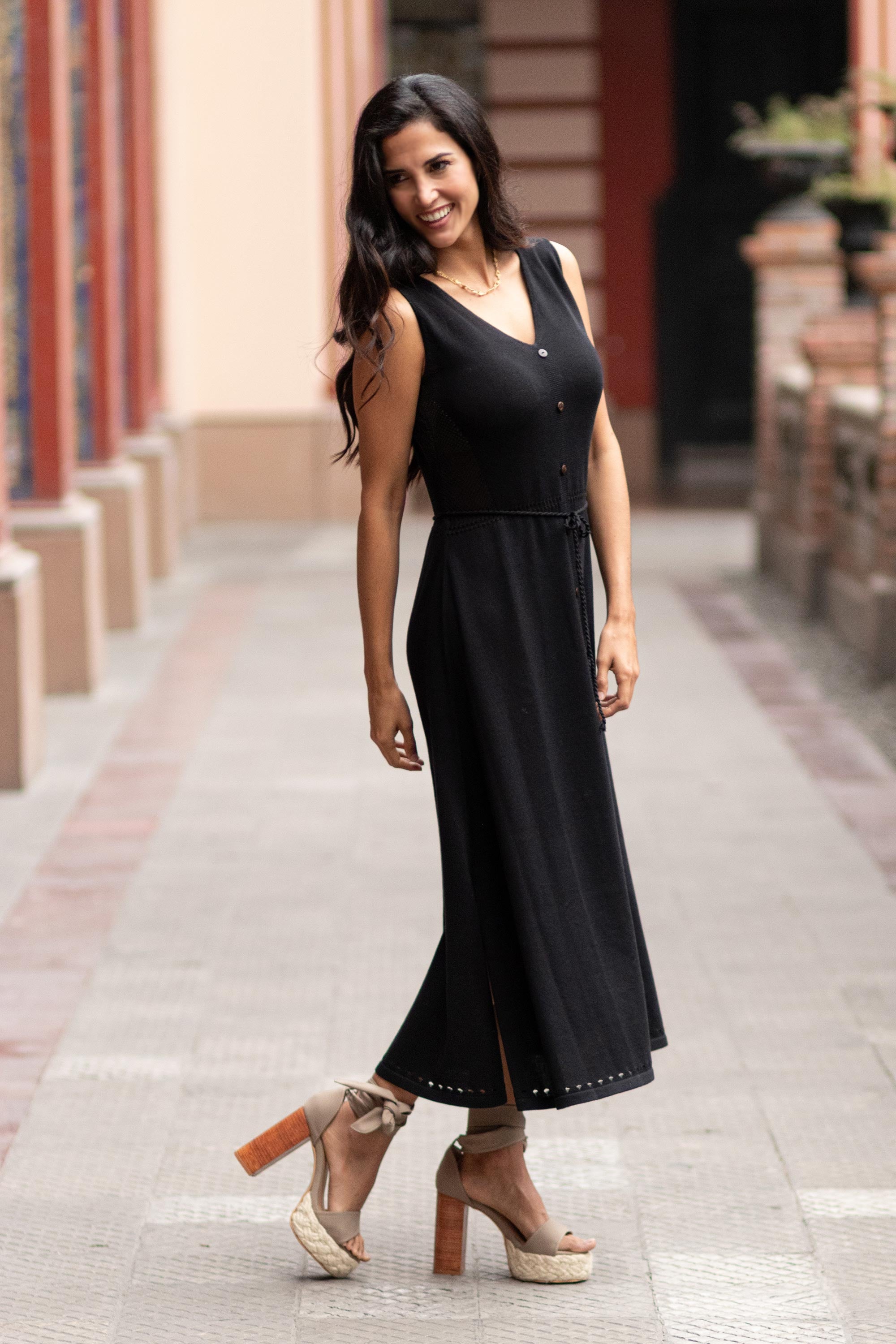 Toqo in Black Organic Cotton Buttoned Maxi Dress in Black from Peru