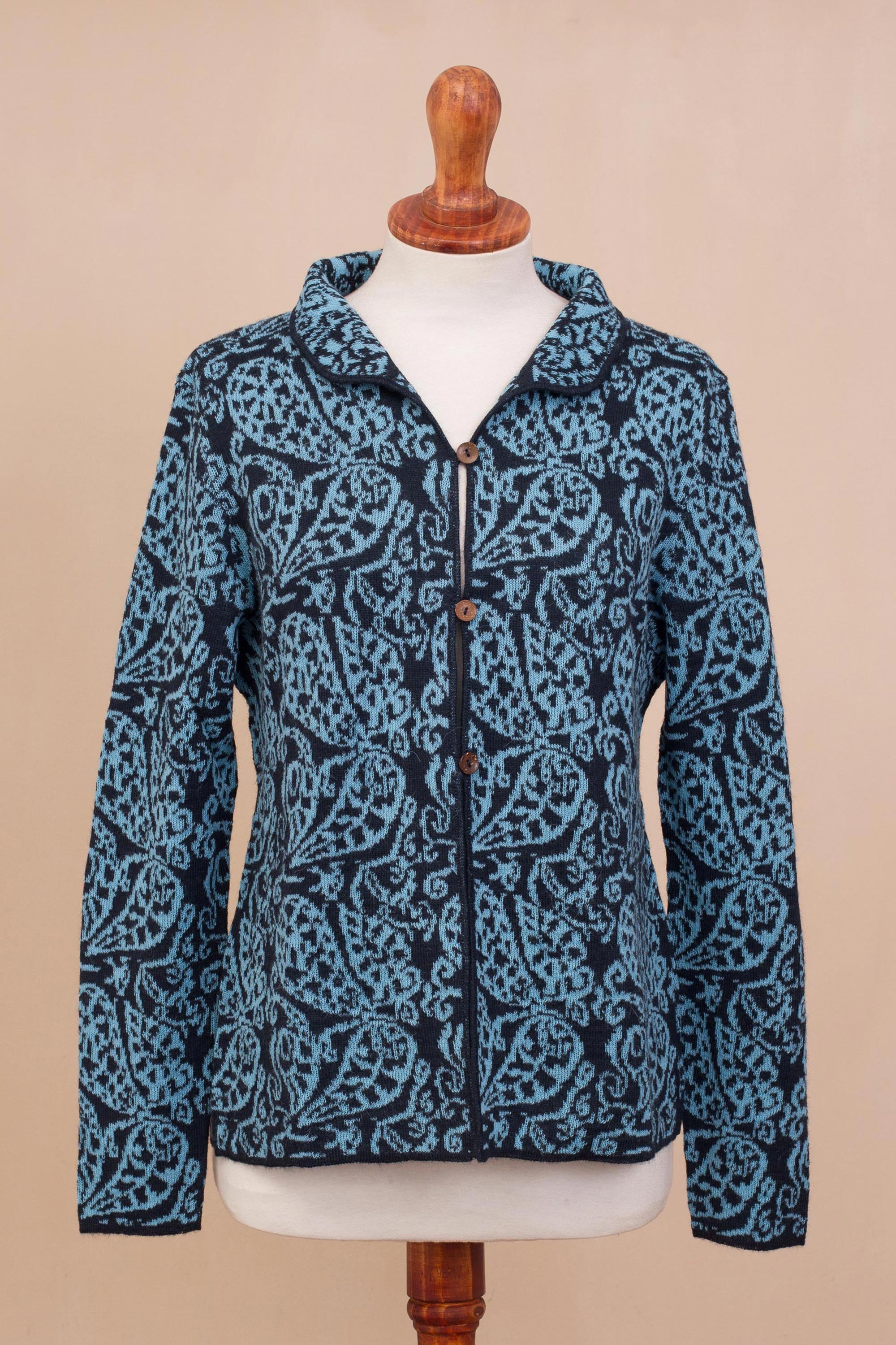 Paisley Elegance in Cerulean Alpaca Blend Cardigan with Cerulean Paisley Motifs from Peru