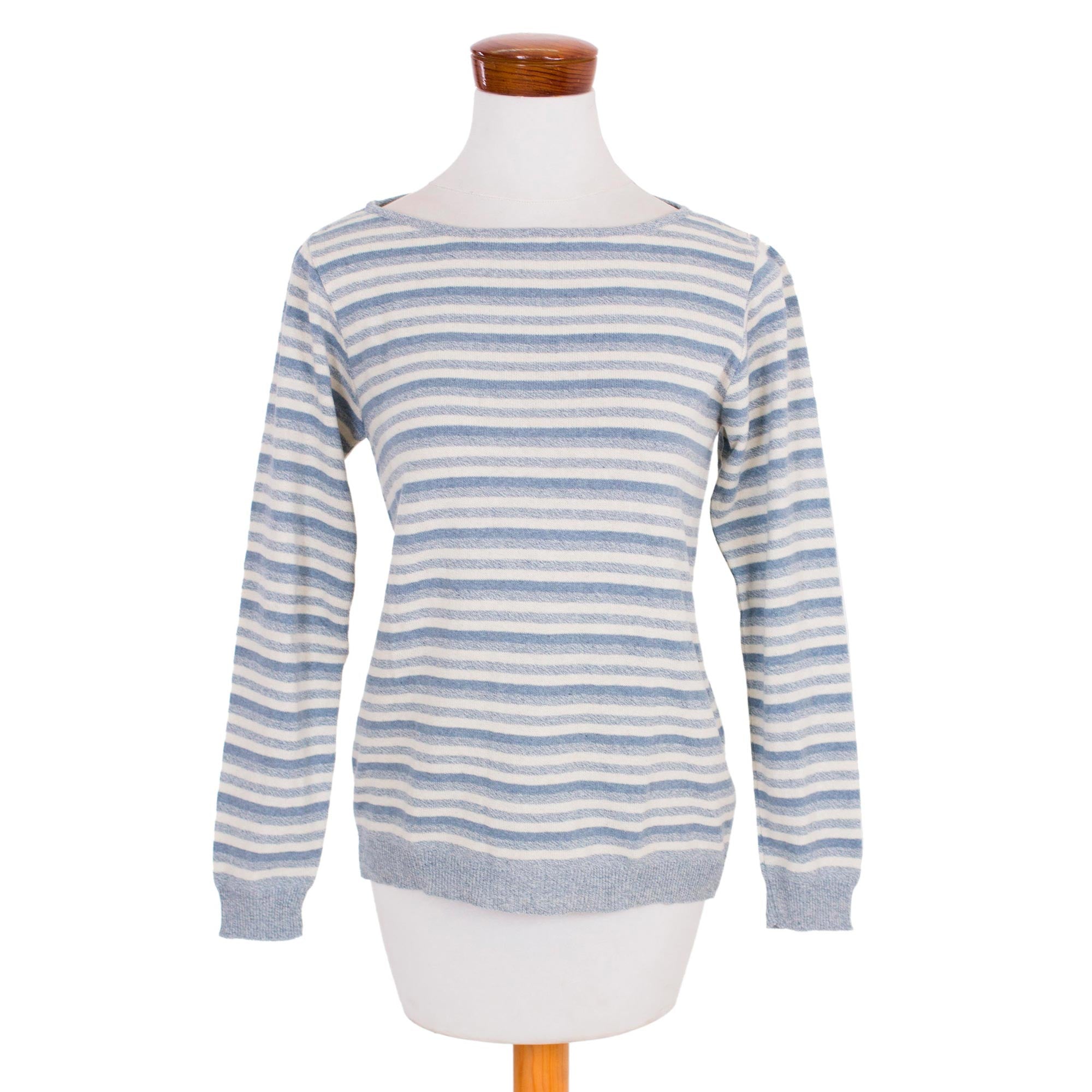 Wedgwood Horizon Women's Blue and Ivory Striped Soft Cotton Pullover Sweater