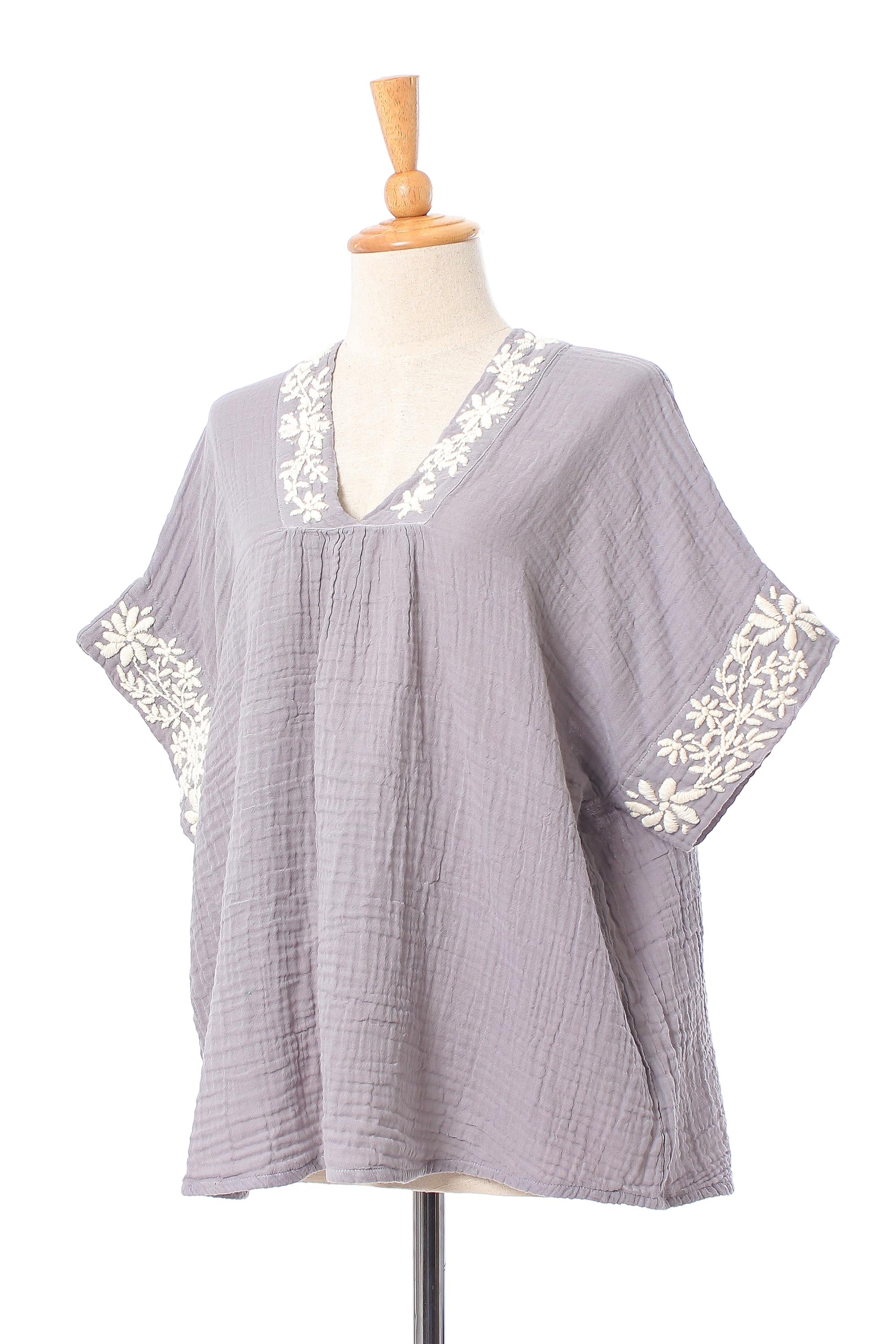 Classic Bloom in Ash Floral Embroidered Cotton Blouse in Ash from Thailand