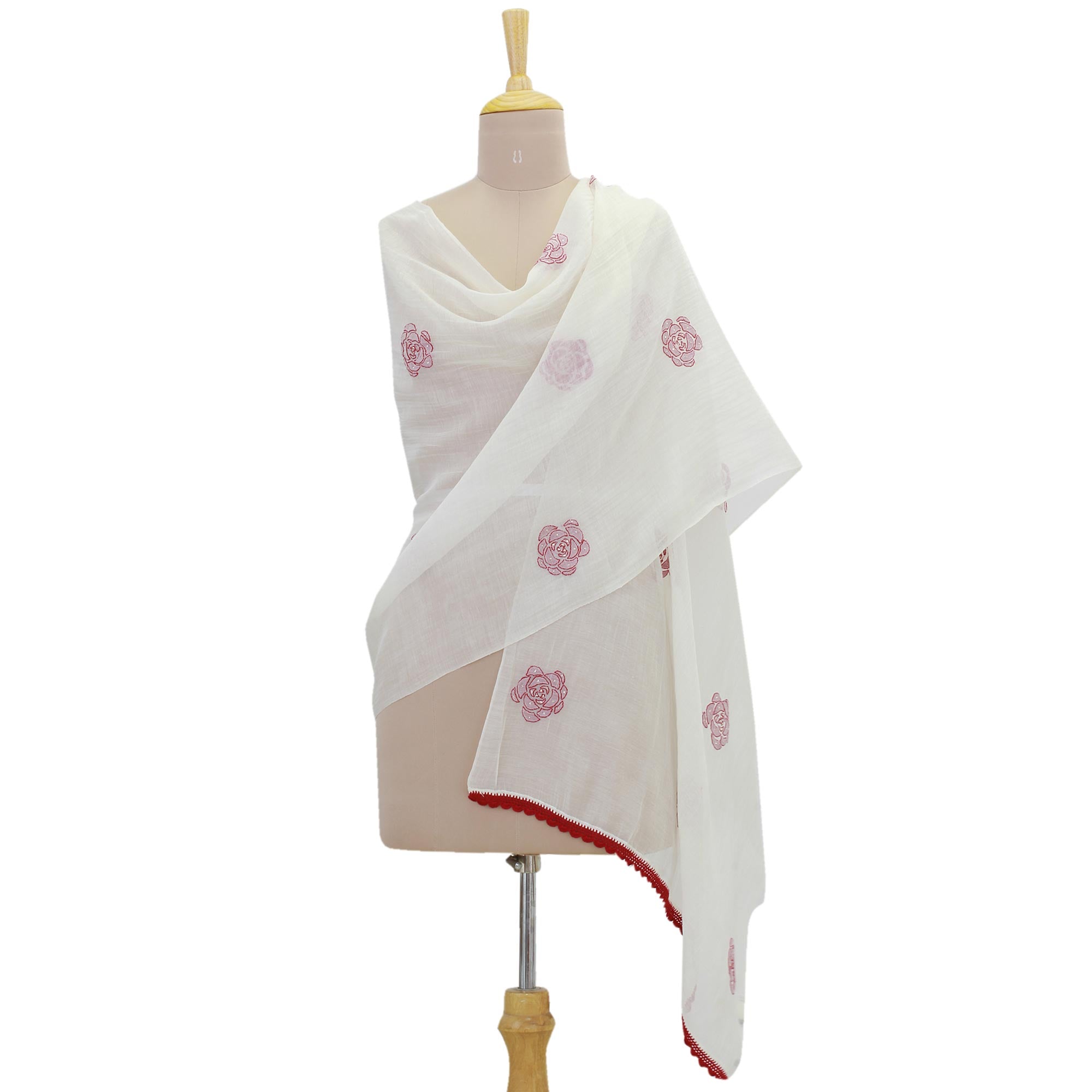 Chikan Roses in Claret Cotton and Silk Shawl in Champagne and Claret from India