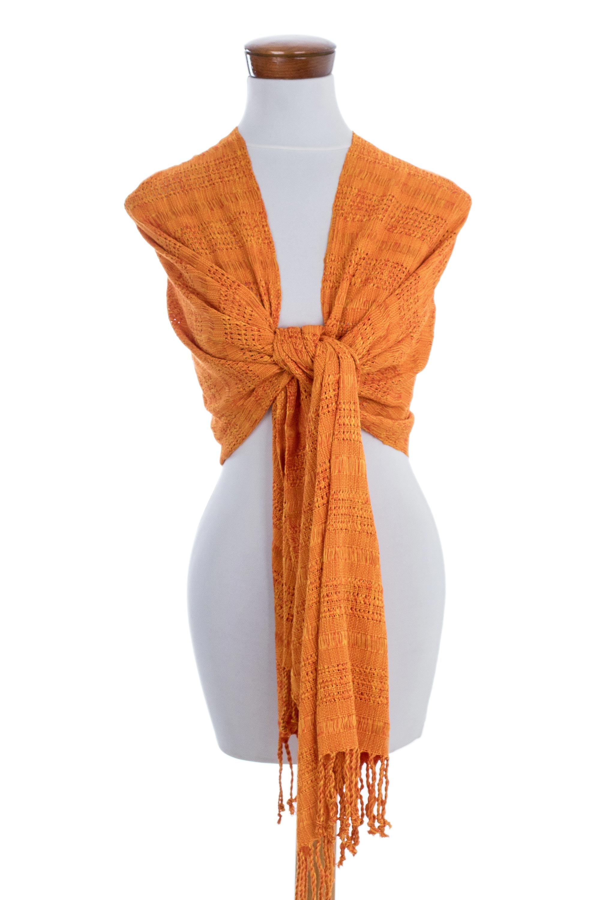 Textured Tangerine Guatemala Backstrap Handwoven Yellow-Orange Rayon Shawl