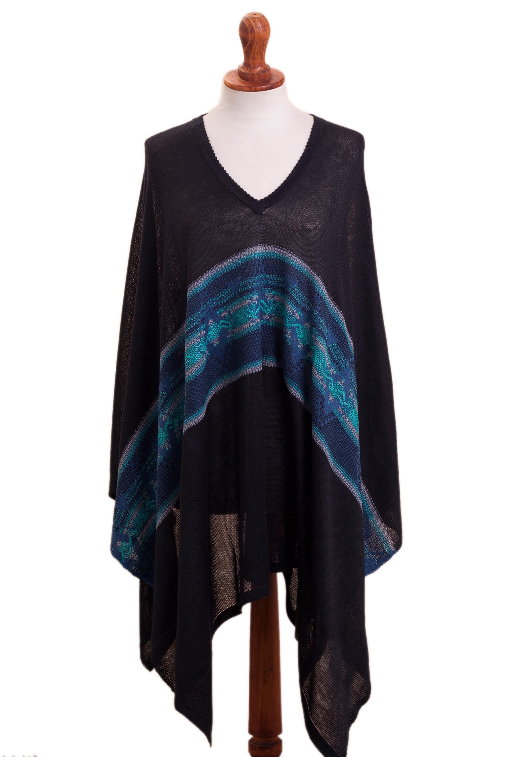 Seasonal Escape Artisan Crafted Cotton Blend Poncho in Black and Blue