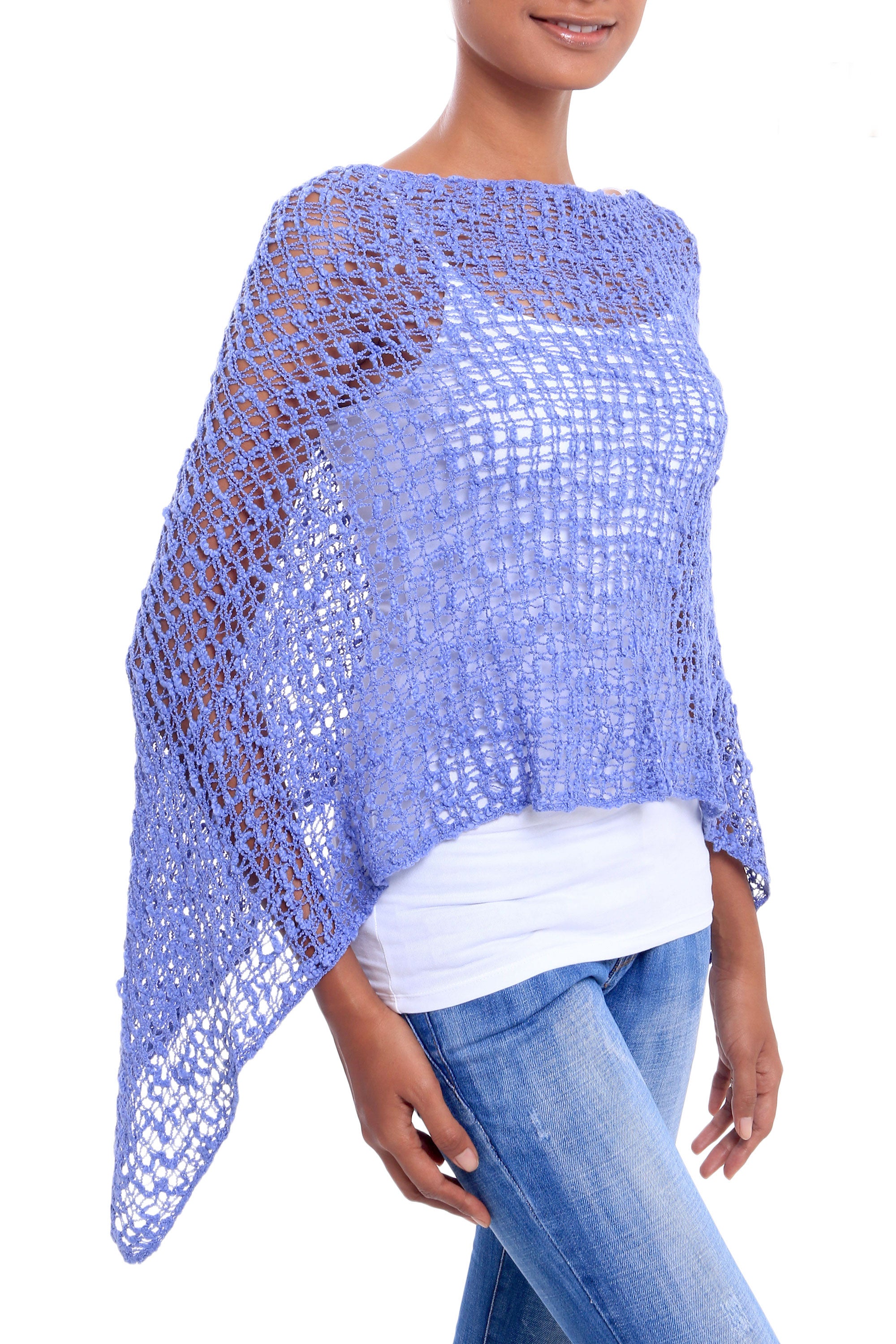 Periwinkle Sanur Shade Lightweight Hand-Crocheted Poncho in Periwinkle from Bali